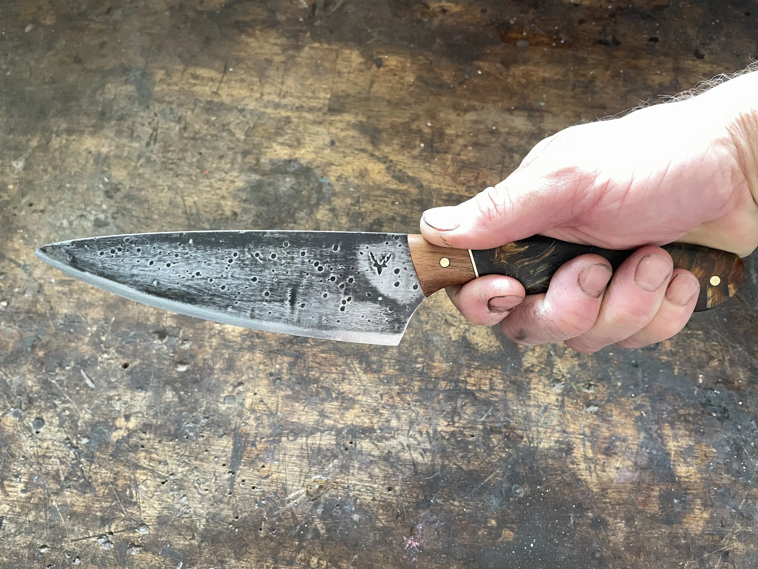Curly Birch Chef Knife in the hand