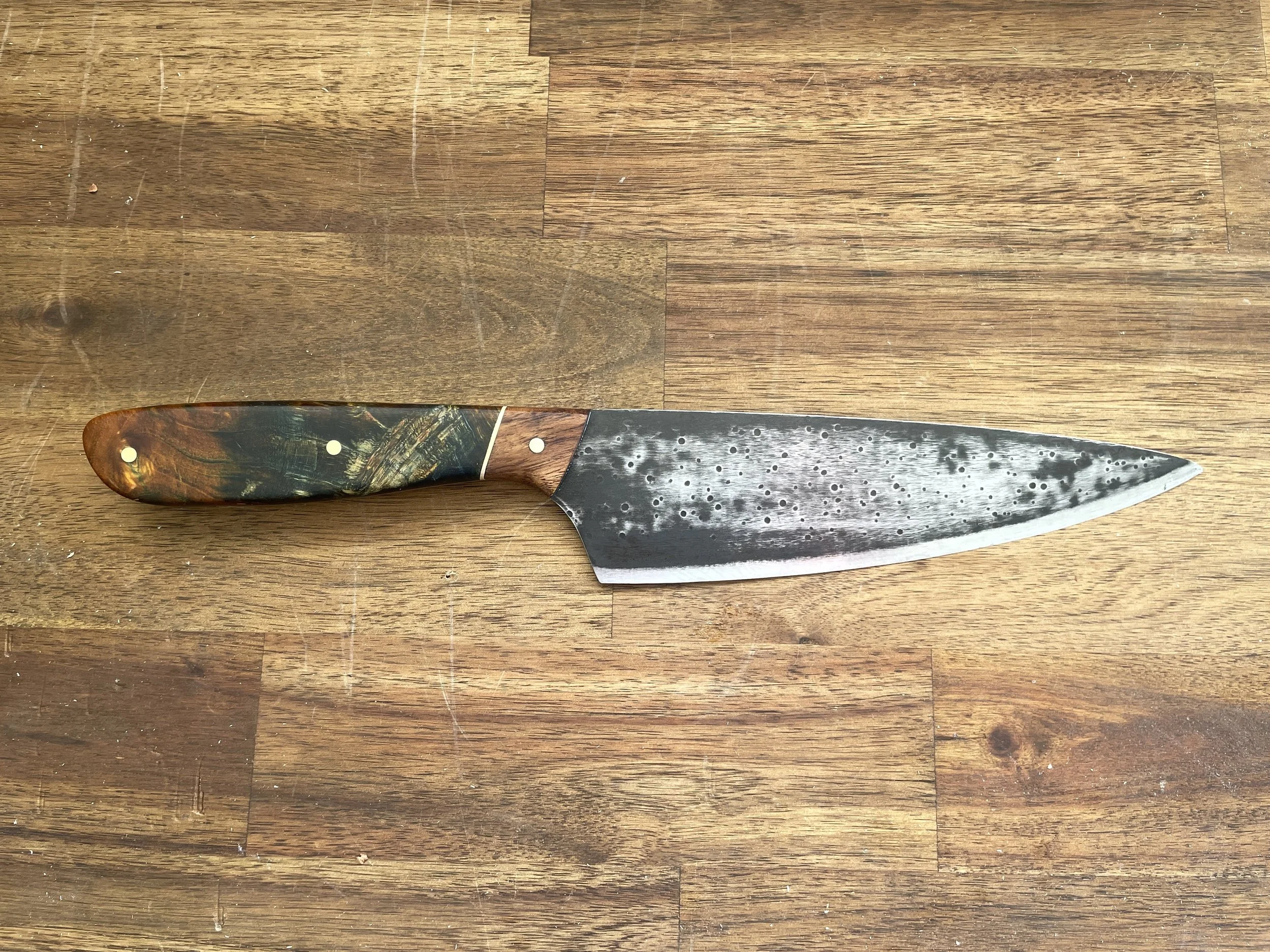 Curly Birch Chef Knife facing right