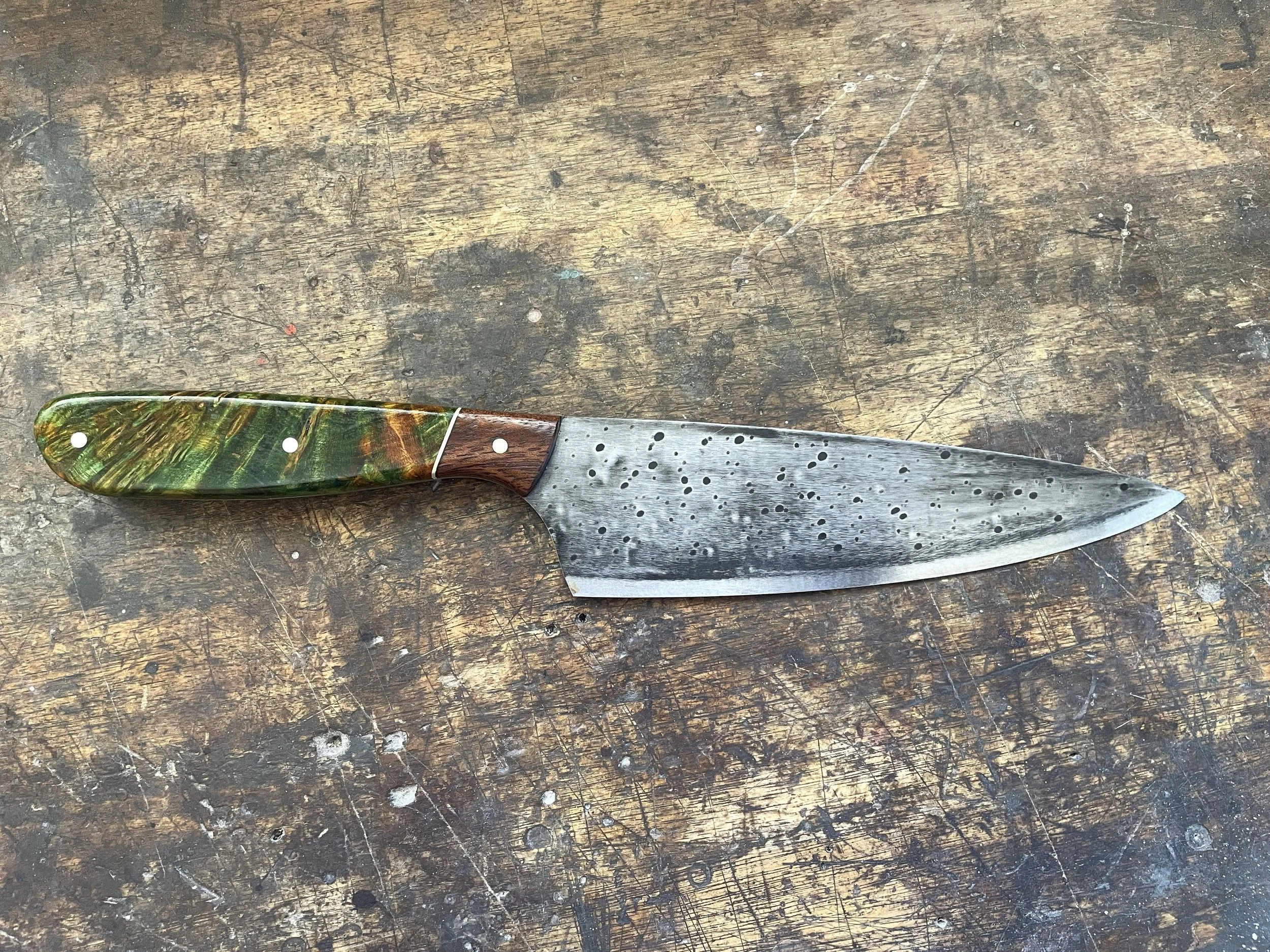 Curly Birch Chef Knife facing right
