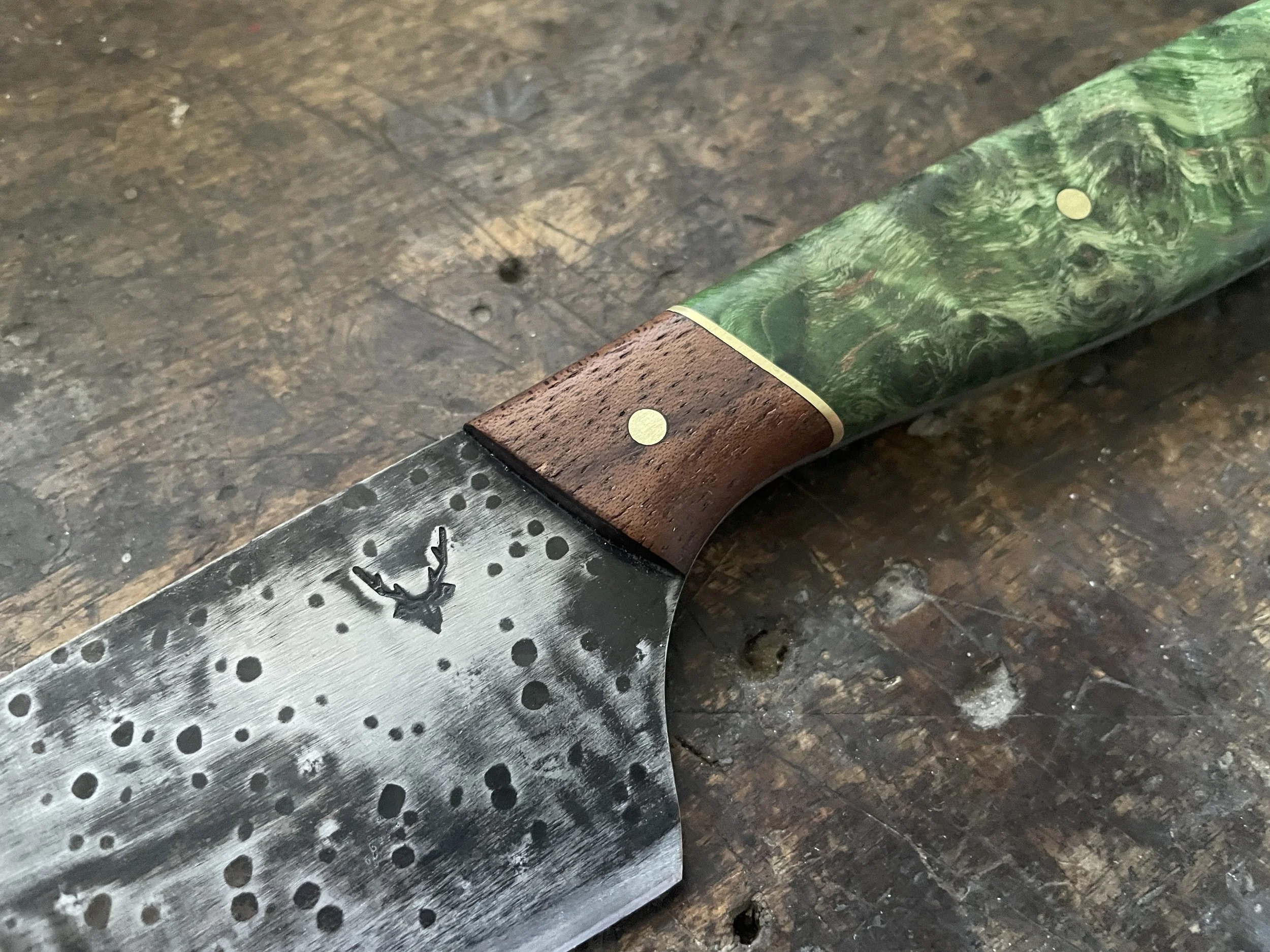 Curly Birch Green Chef Knife close up