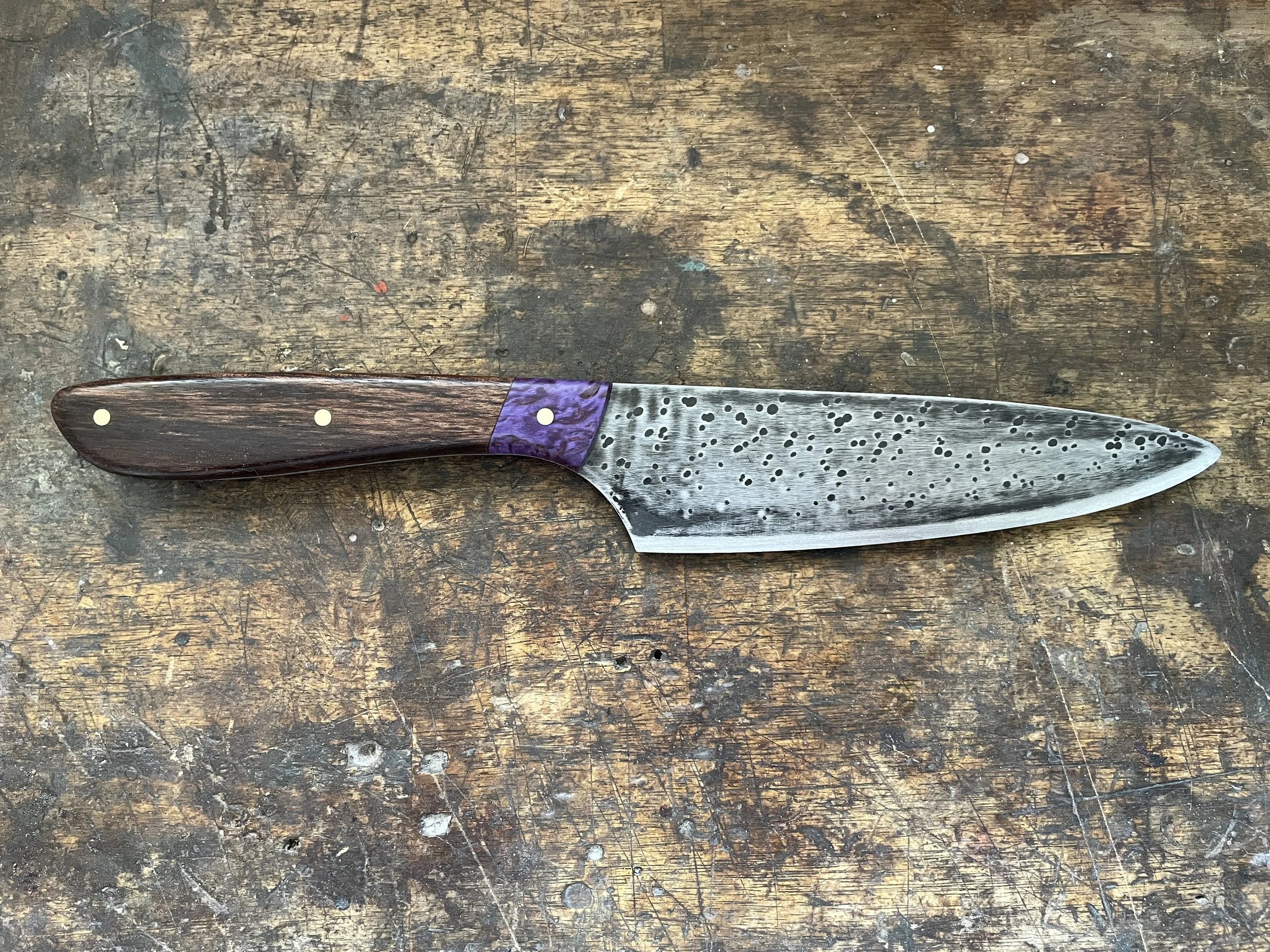 6 inch chef knife with rata & amboyna burl facing right