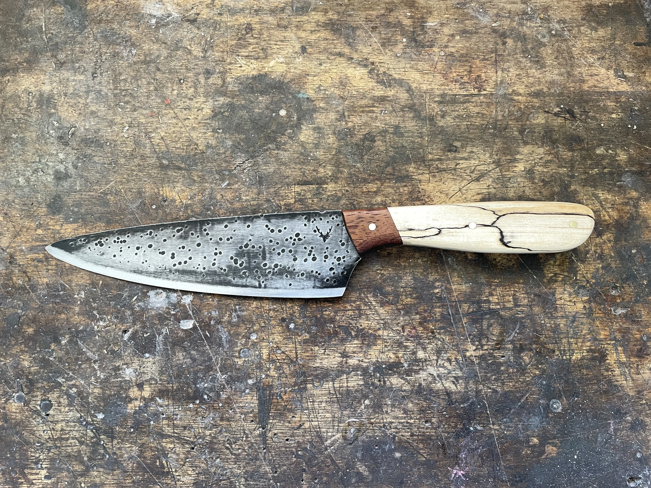 Spalted Birch 7 inch Chef Knife facing left