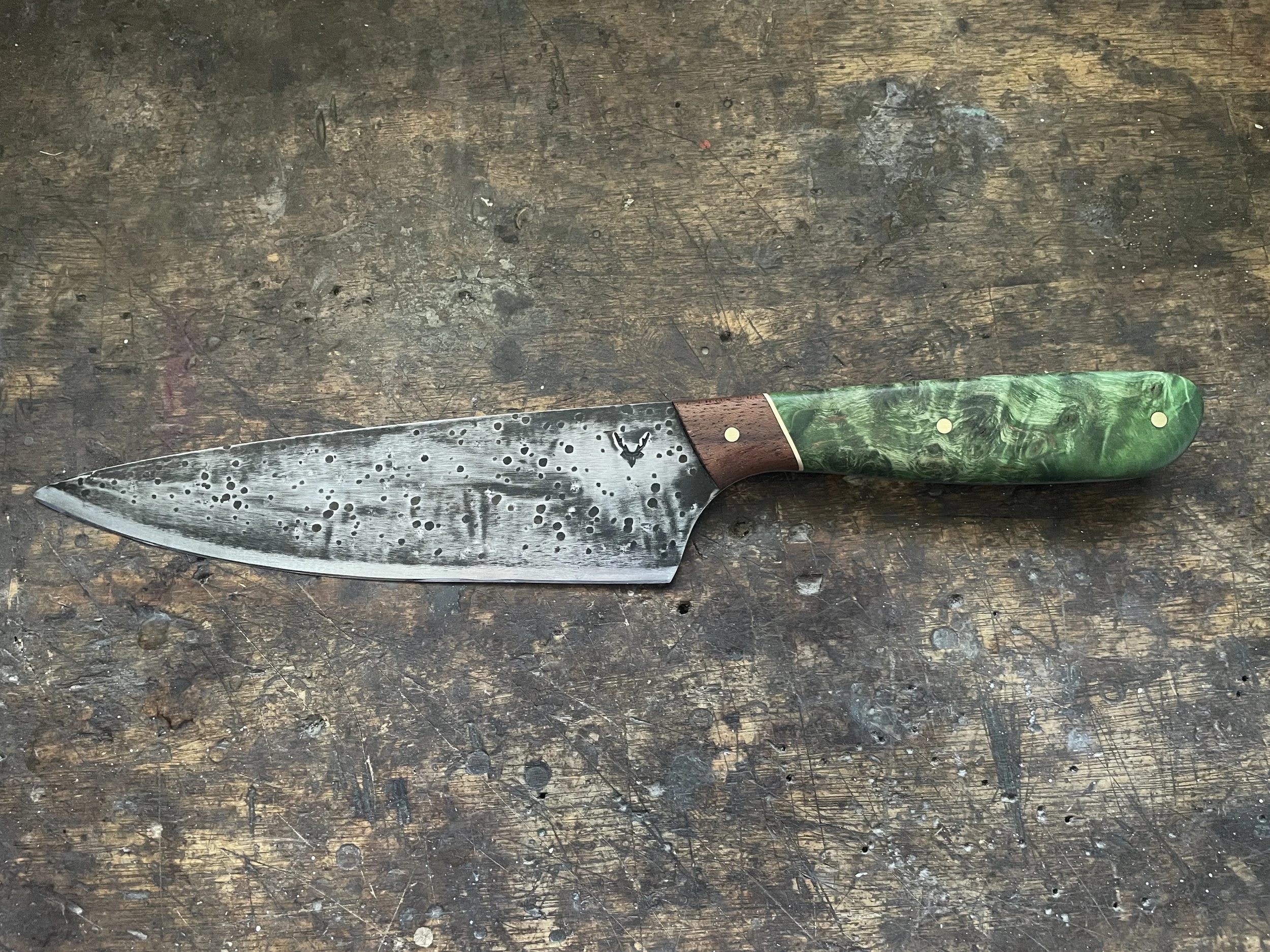 Curly Birch Green Chef Knife Facing Left