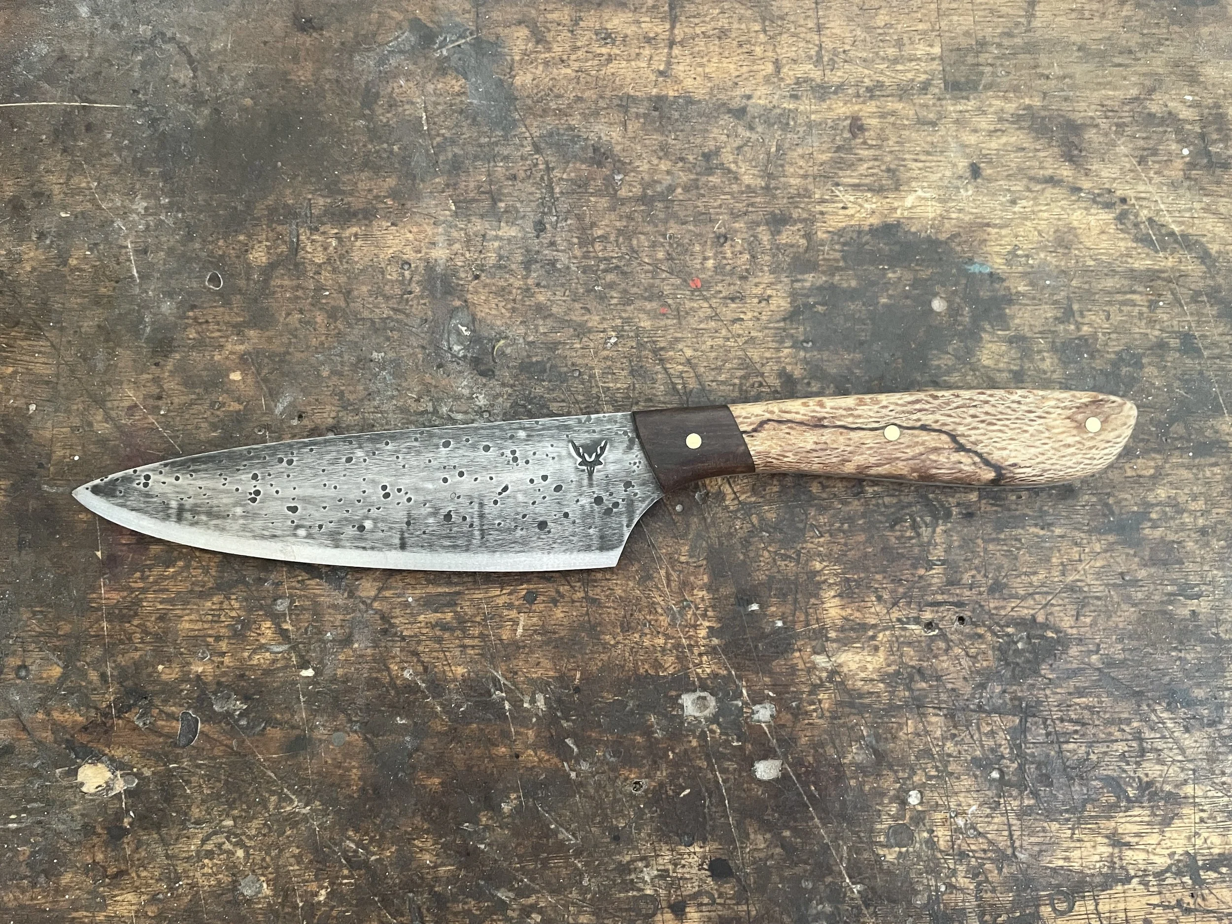 Spalted Rewarewa 6 inch Chef Knife facing left