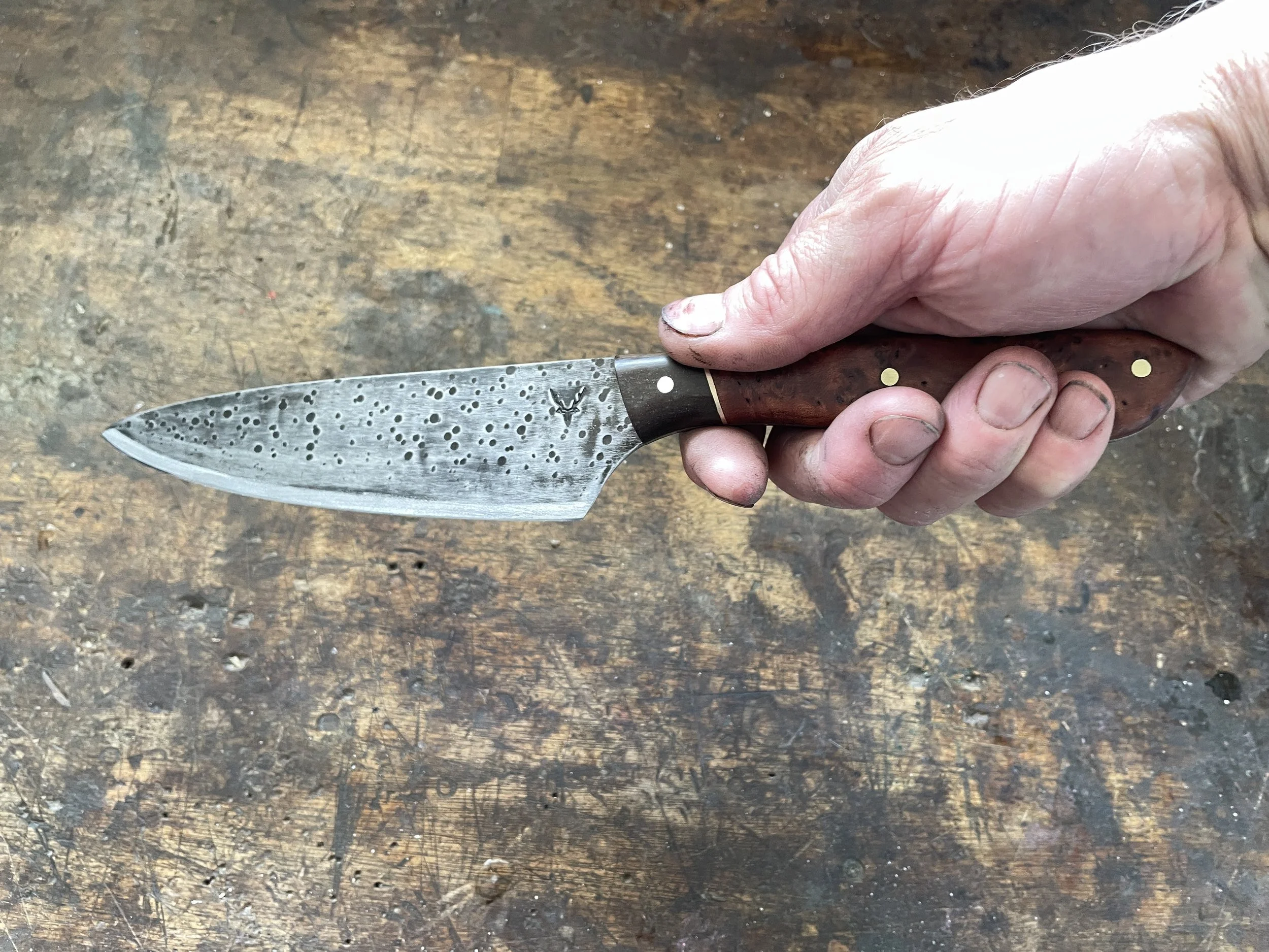 6 inch chef knife totara burl in the hand