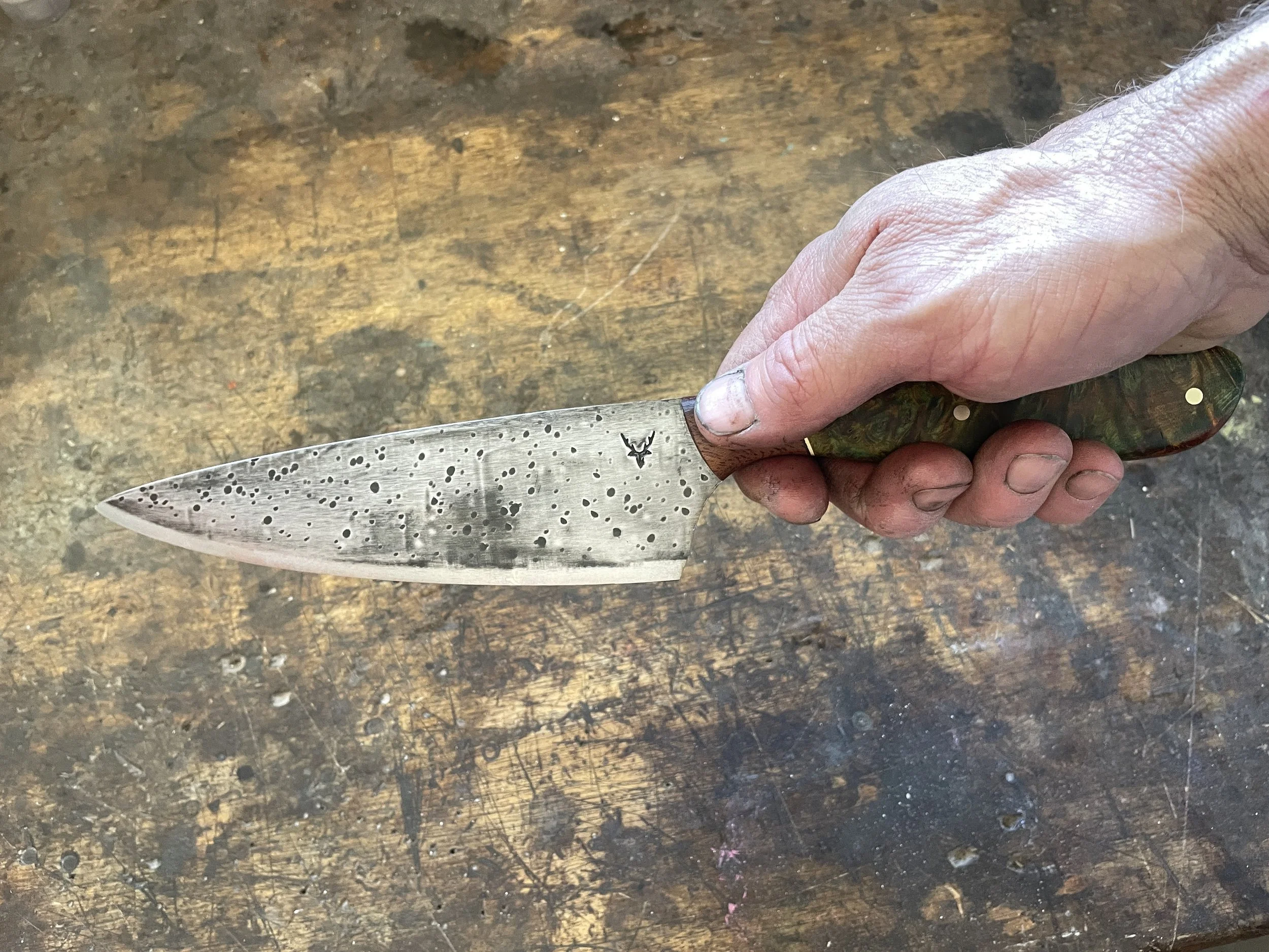 Curly Birch Chef Knife in the hand