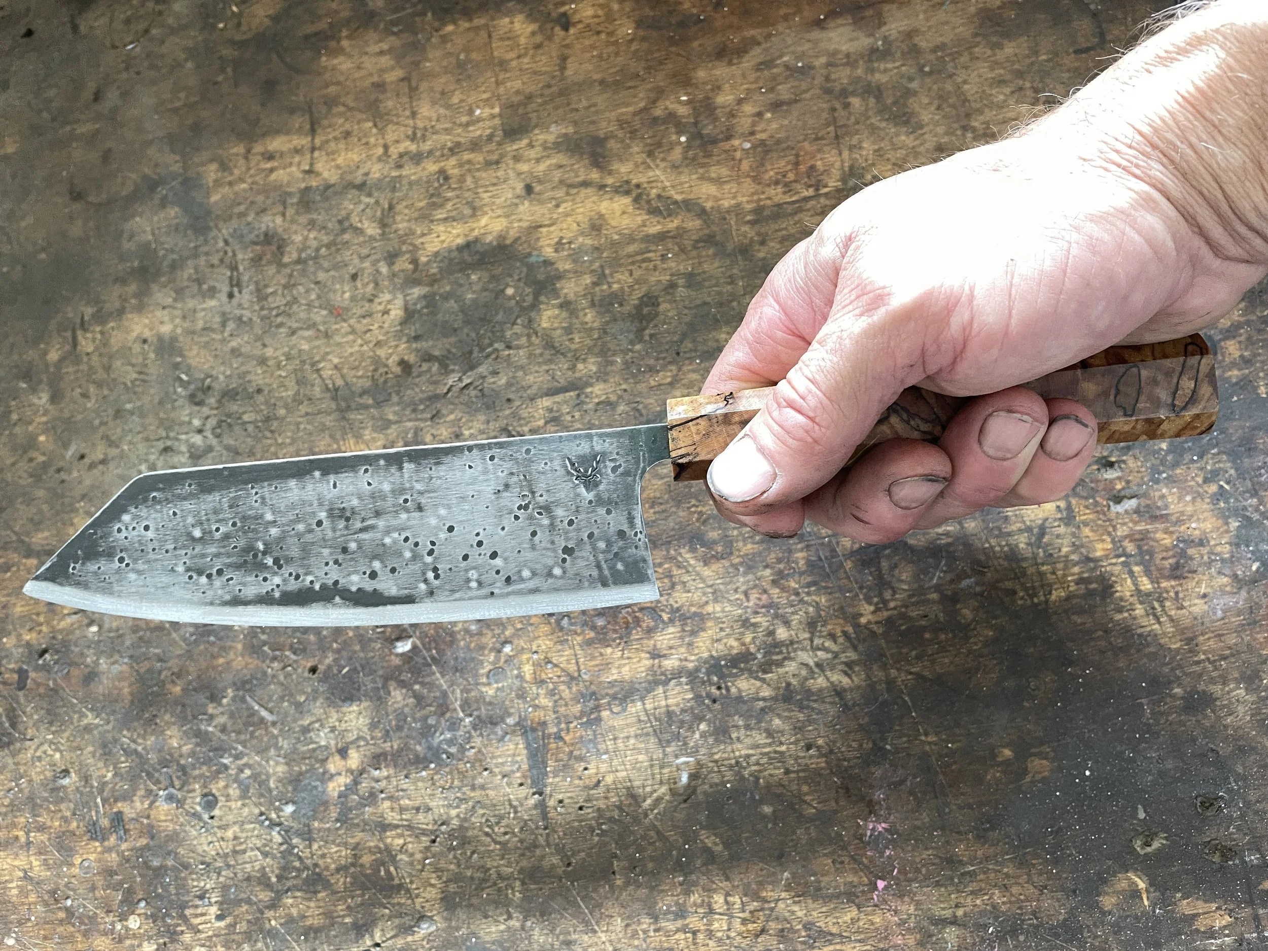 Spalted Curly Birch Japanese Chef in the hand