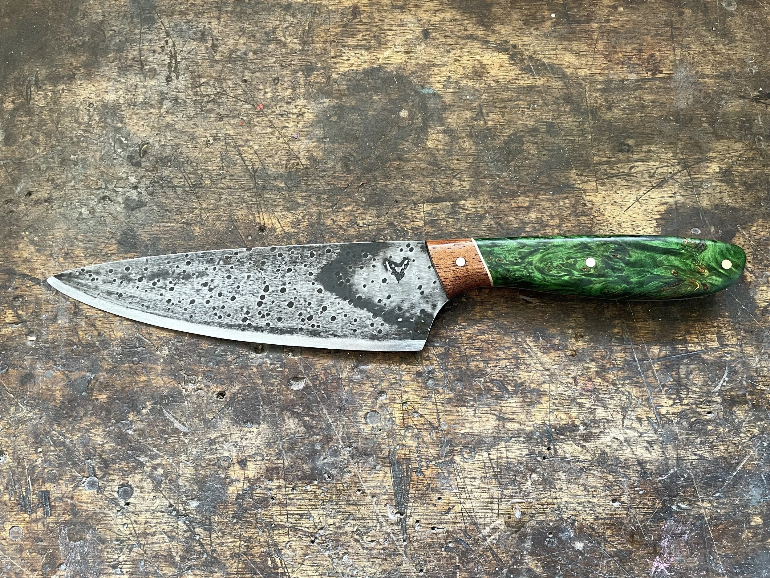 Curly Birch and Teak Chef Knife facing left