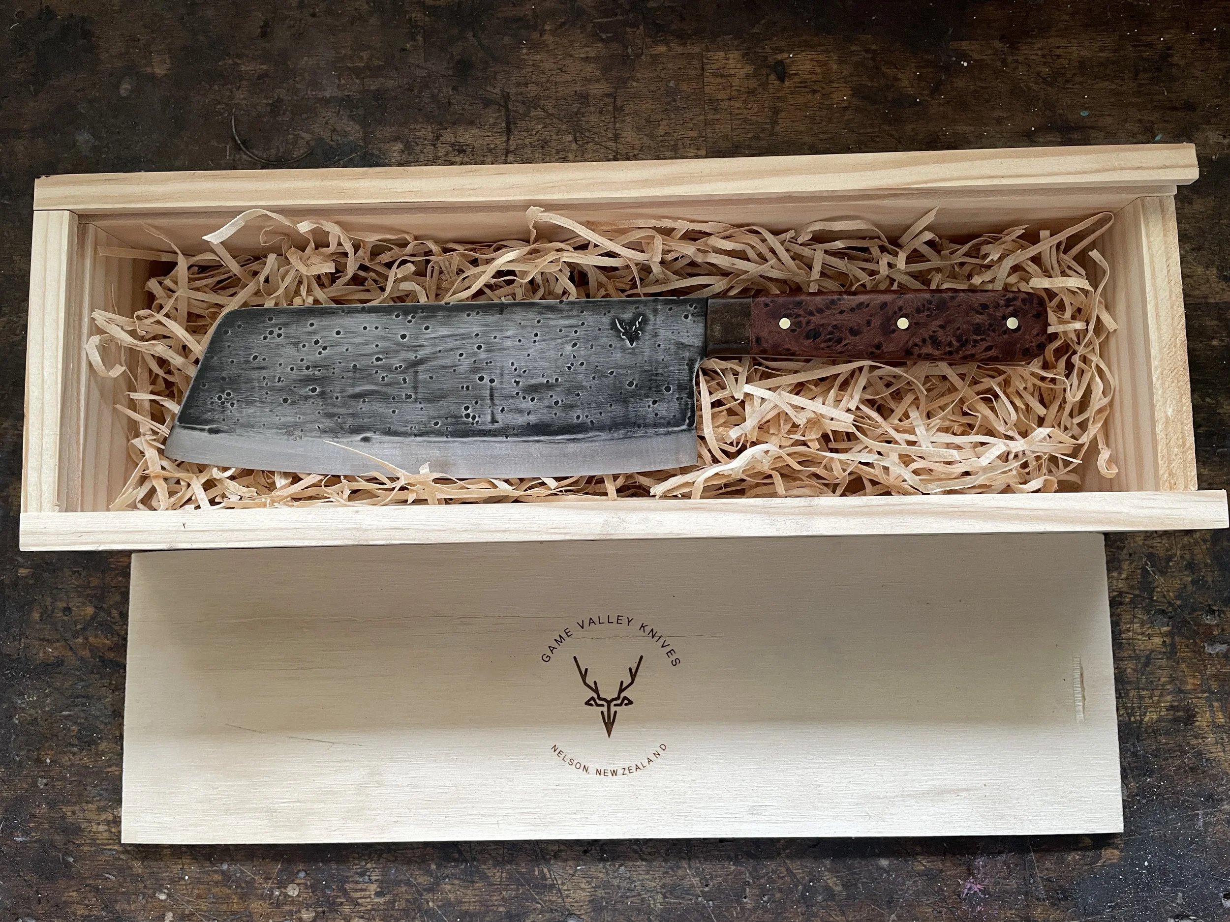 Totara Burl Cleaver in its gift box