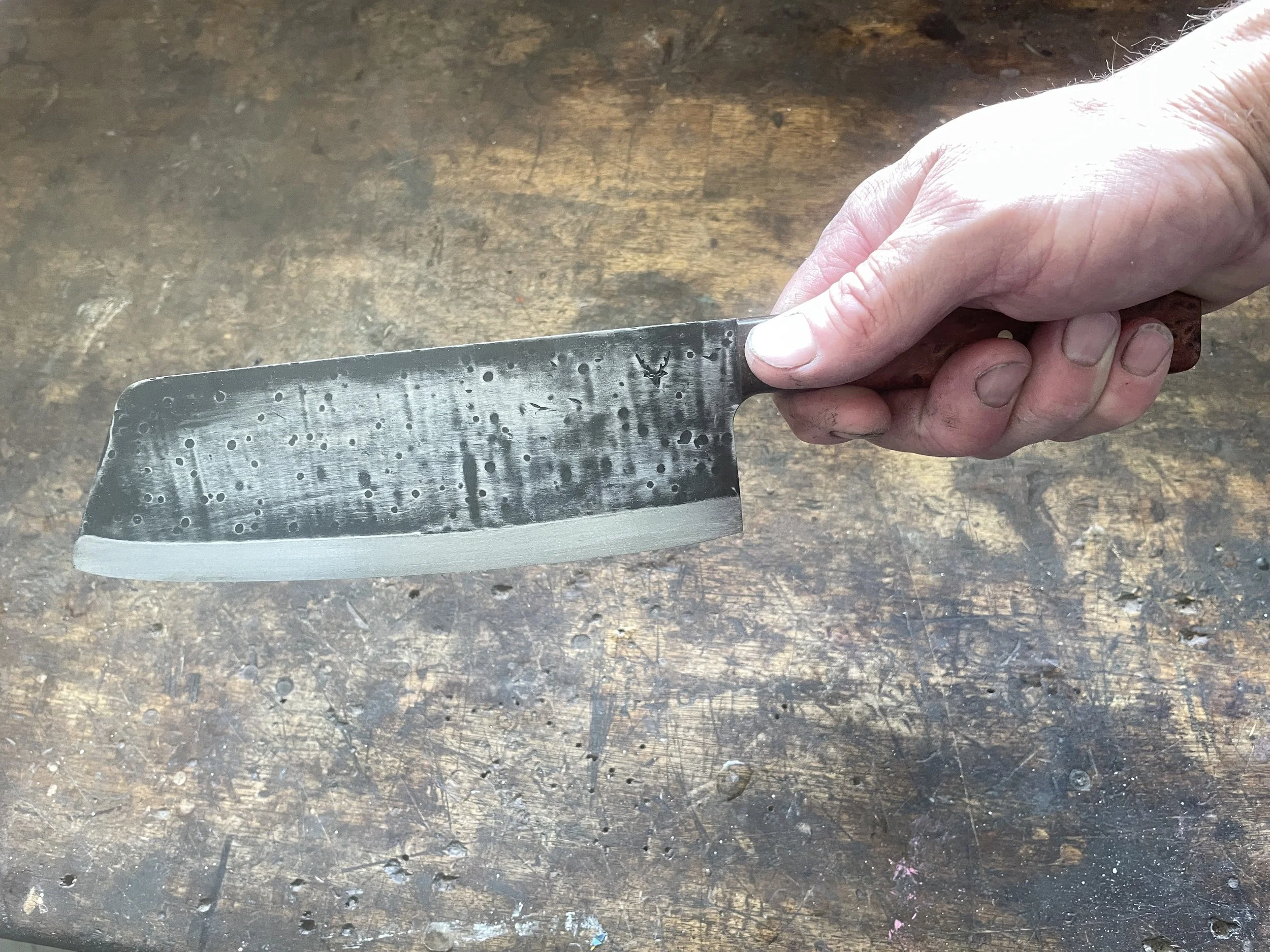 Chef Cleaver Totara Burl in the hand