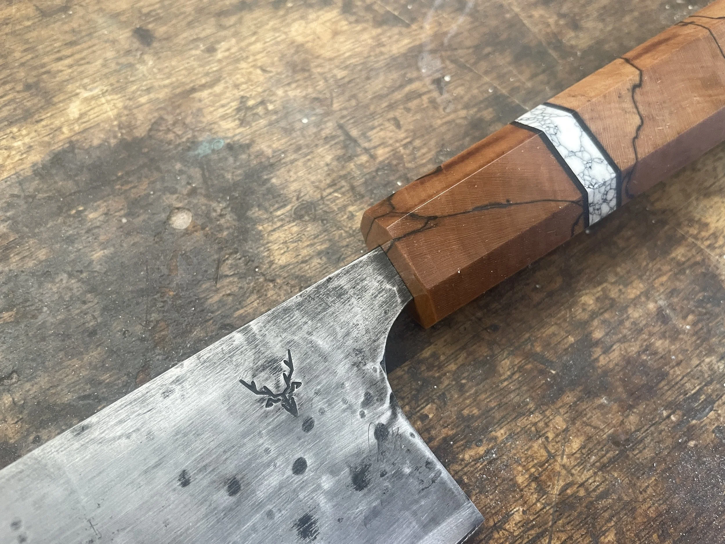 Japanese Chef Knife Spalted Birch close up