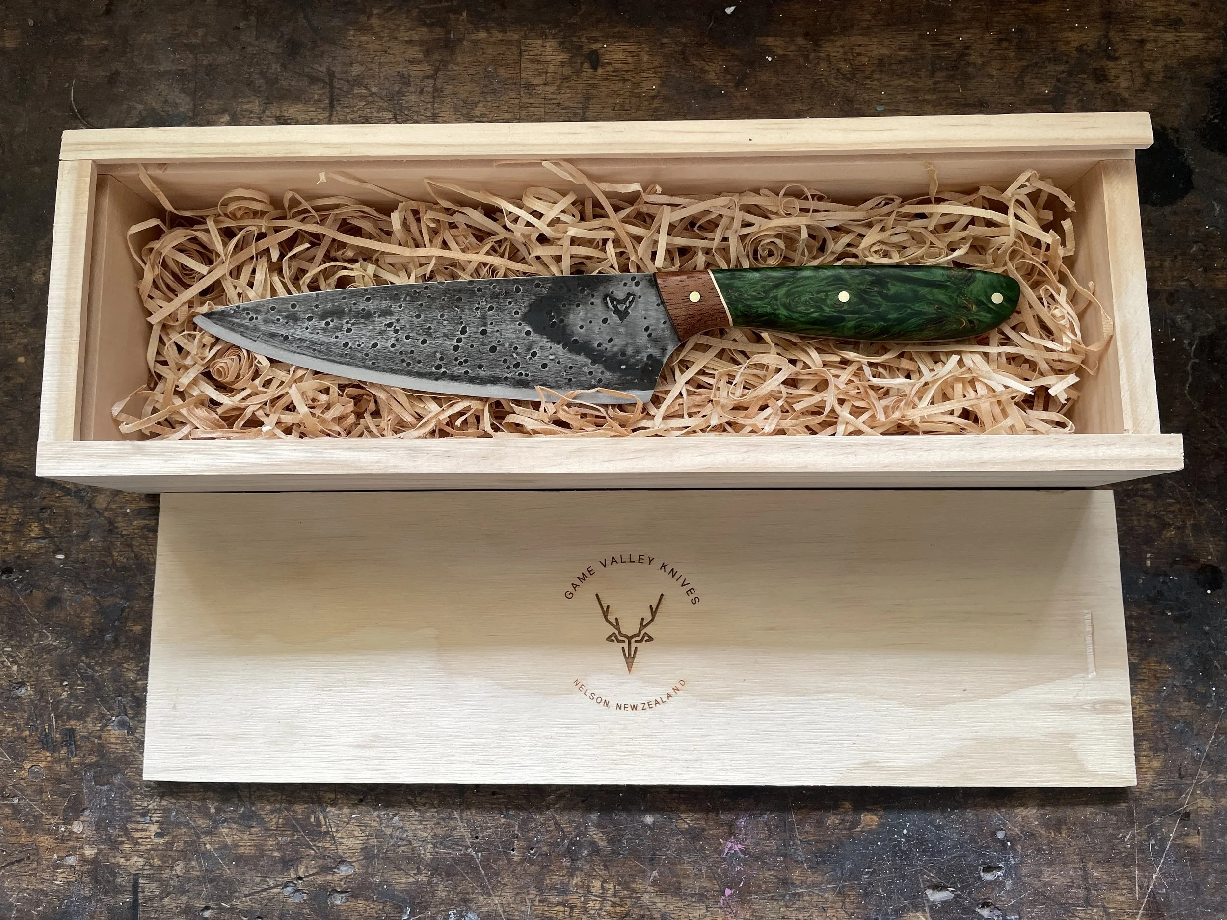 Curly Birch and Teak Chef Knife in gift box