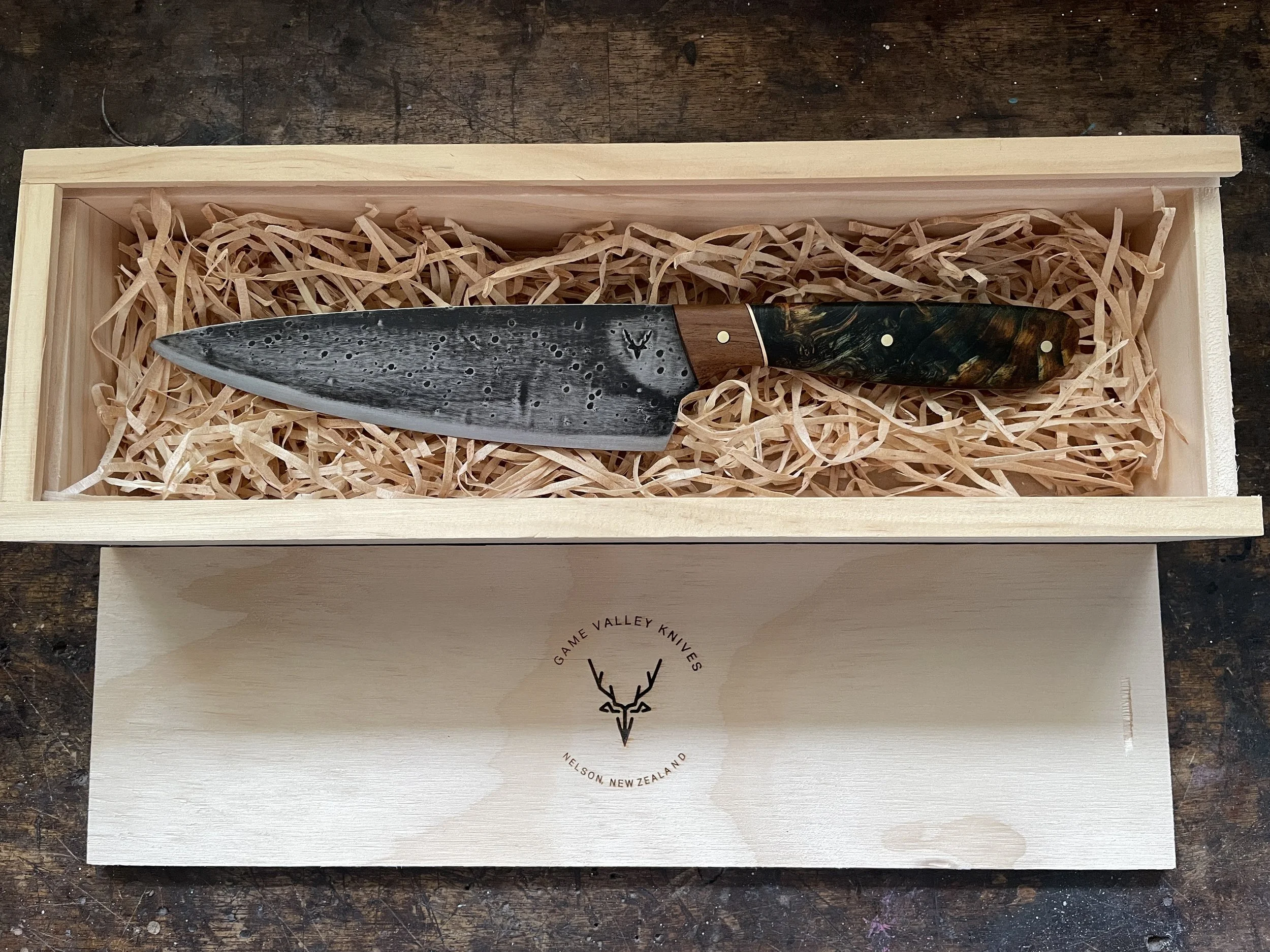 Curly Birch Chef Knife in box