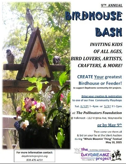 Flyers for the 9th Annual Birdhouse Bash event, featuring images of a birdhouse with birds, spring flowers, and event details, including date, location, and activities.