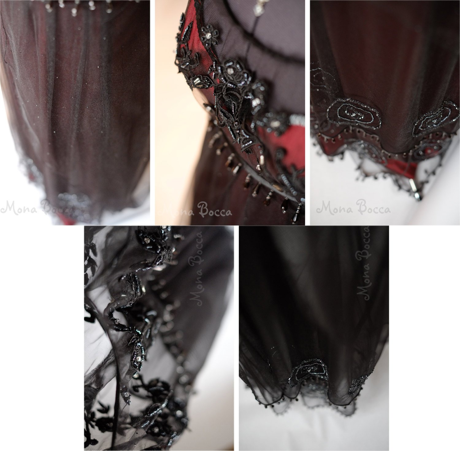 Close up of the details of the Titanic Jump dress . Emroidery and different black and silver beads and crystals.