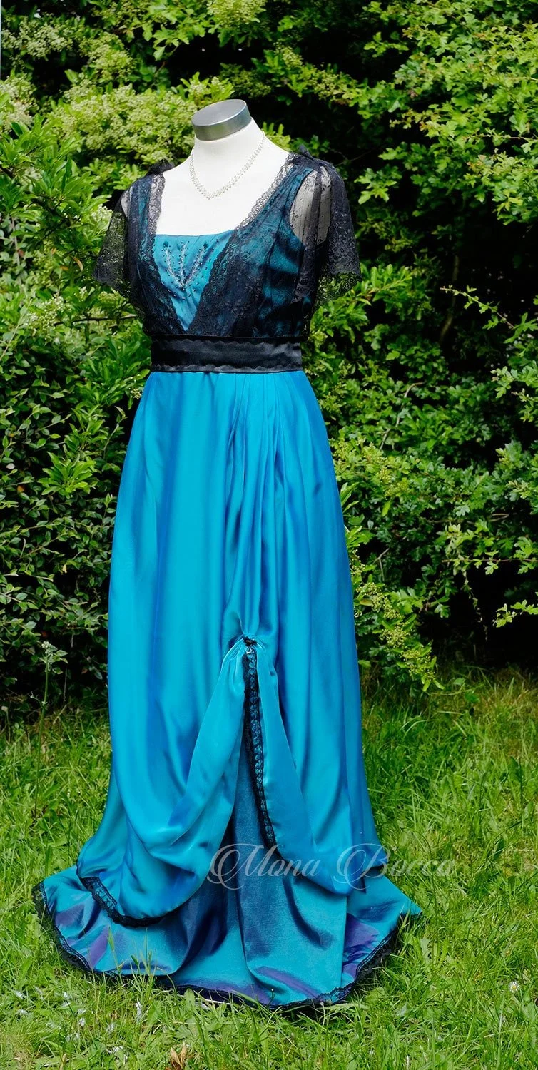 Period dress in turqouise with black lace Edwardian dress Turqoise