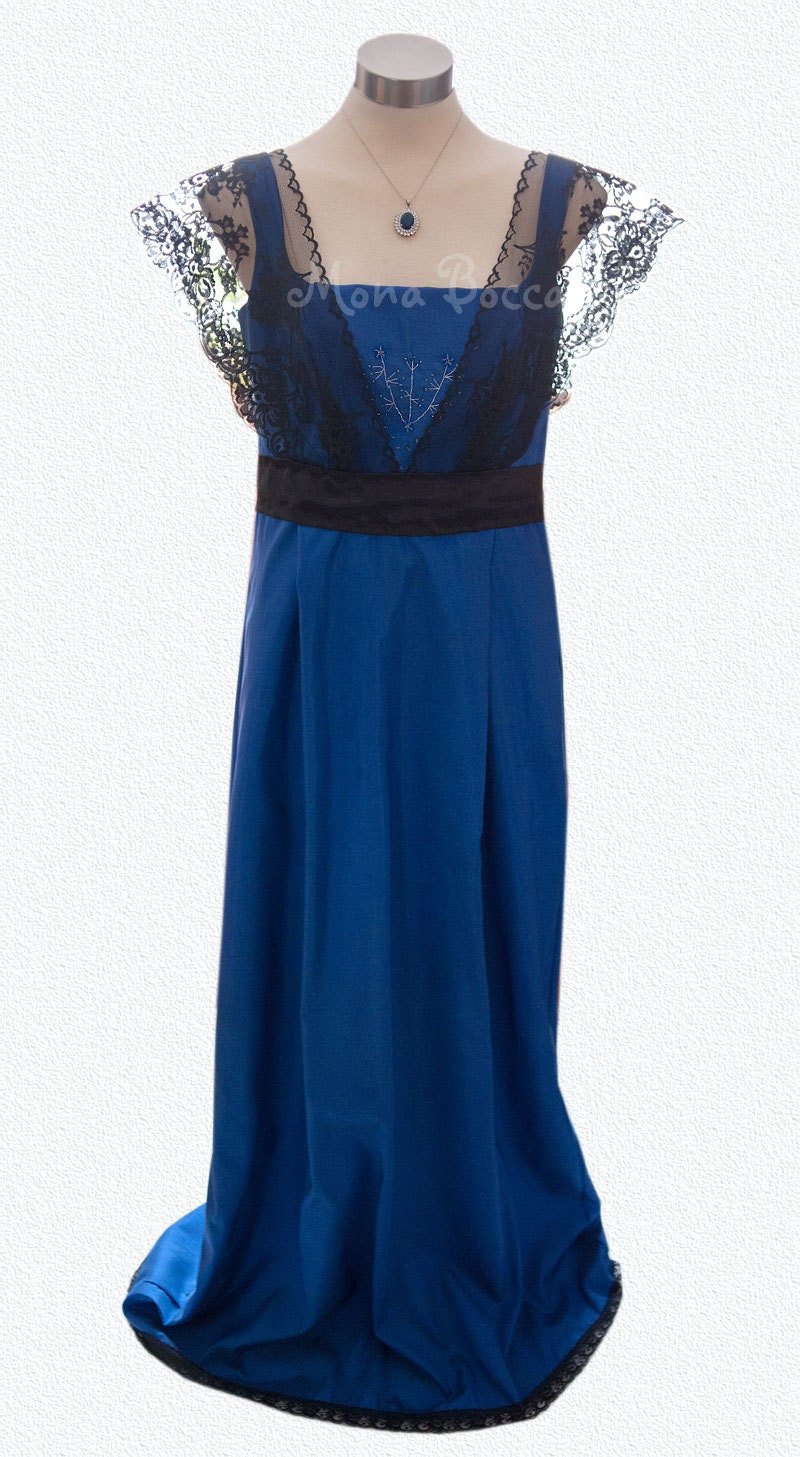 Edwardian Dress handmade in England royal blue Titanic Downton Abbey vintage styled with Black lace and Swarovski crystals  Mona Bocca