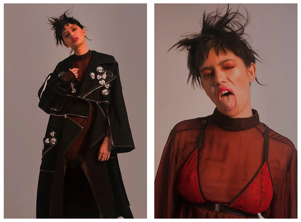 A woman with short, styled black hair making a playful face and sticking out her tongue, wearing a sheer black top with a red lace bra visible underneath, and a black strap around her shoulder; the other image shows her in a different pose, dressed i