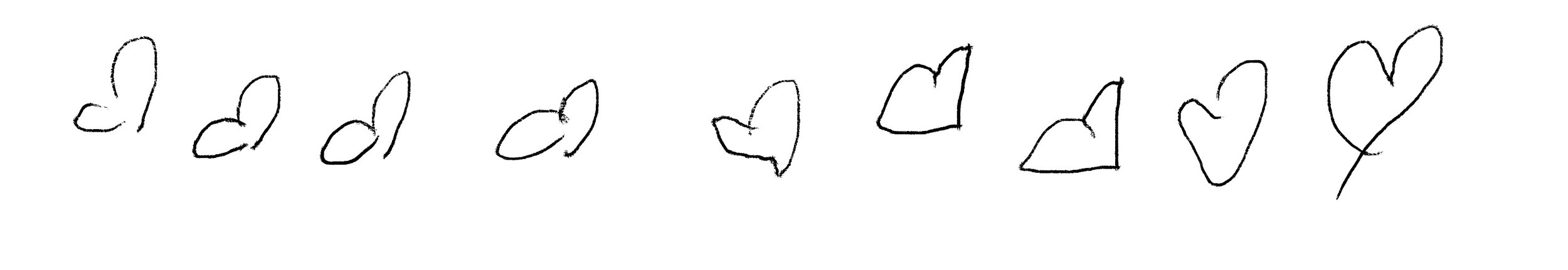 Multiple sketches of hearts in a row, drawn with a black pen or marker.