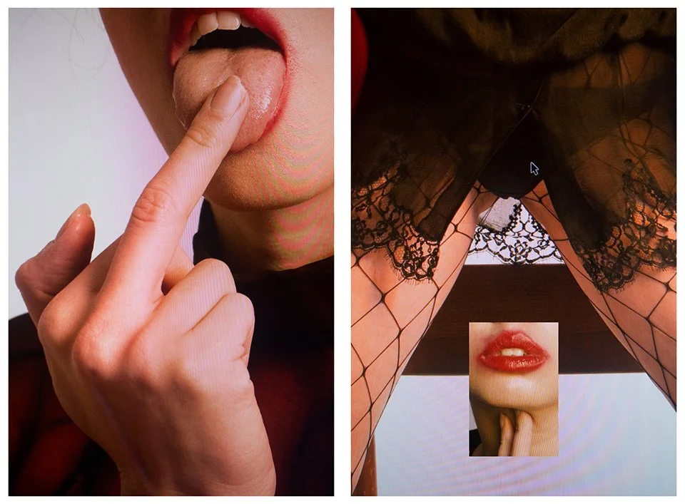 A woman with red lipstick sticking out her tongue, with her finger on it, on the left side of the image. On the right side, a perspective shot looking up a woman's legs in fishnet stockings and a lace skirt, with a small inset of a woman in red lipst