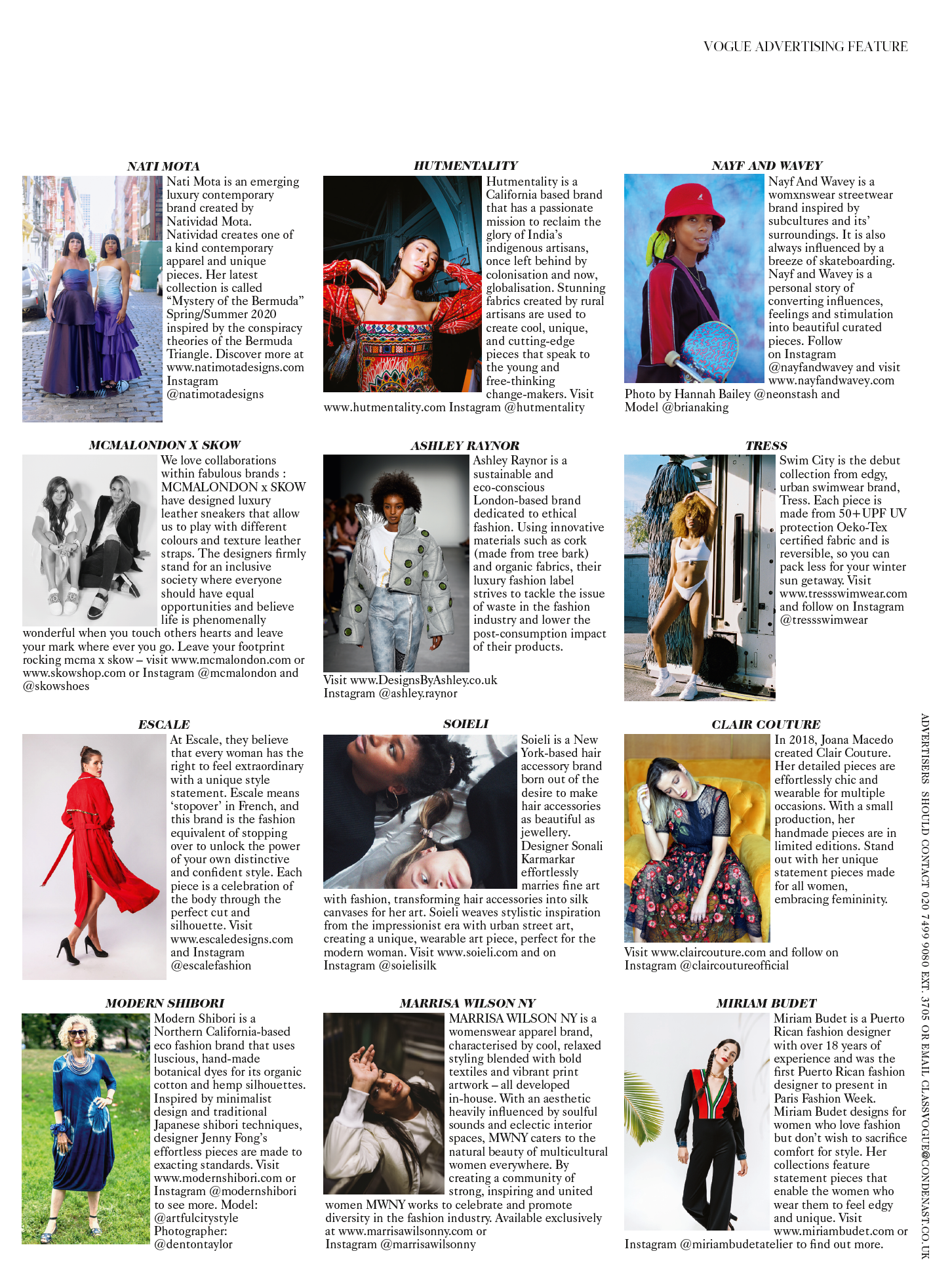 A Vogue magazine advertisement featuring multiple fashion brands and models with descriptions of each brand and their designs.