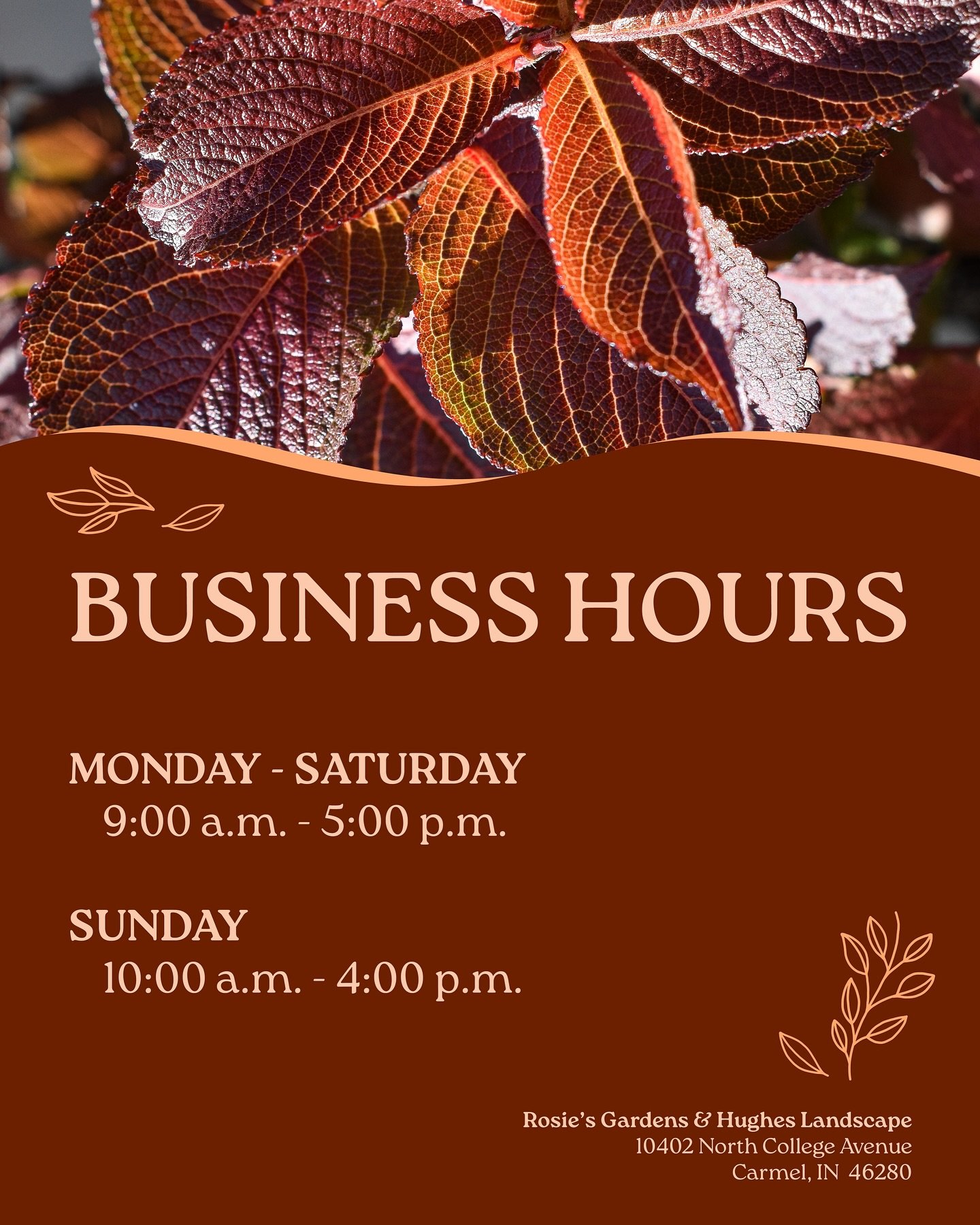 Hello, November! 🍂 The time has come for our usual seasonal shift in business hours. We are open every day of the week (despite the construction on North College Avenue), and we can&rsquo;t wait to see our lovely customers during this calm, cozy sea