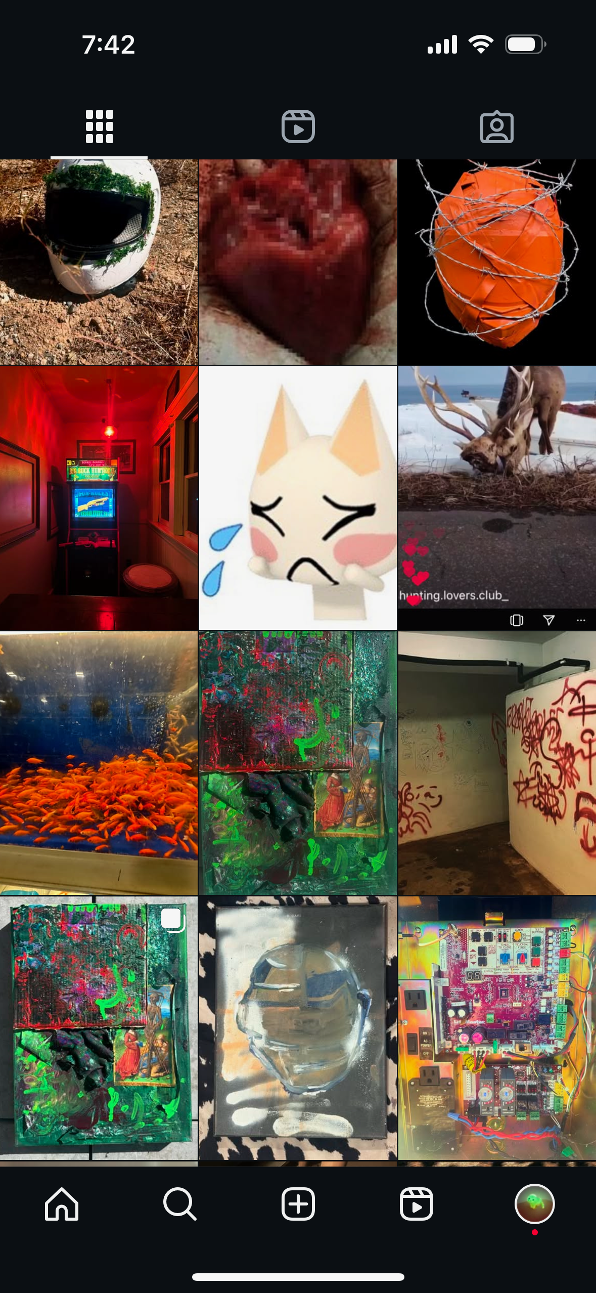 Collection of various digital images, including a reflective helmet on the ground, pixelated red sculpture, orange ball wrapped with wire, neon-lit arcade, cartoon crying cat sticker, deer on snow, fish in an aquarium, abstract multicolored artwork, 
