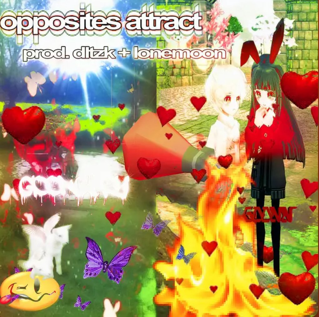 A colorful, animated graphic with the title 'opposites attract' and text 'prod. ditzk + lonemoon.' It features two anime-style characters, one with white hair and the other with black hair and rabbit ears, surrounded by hearts, butterflies, a burning