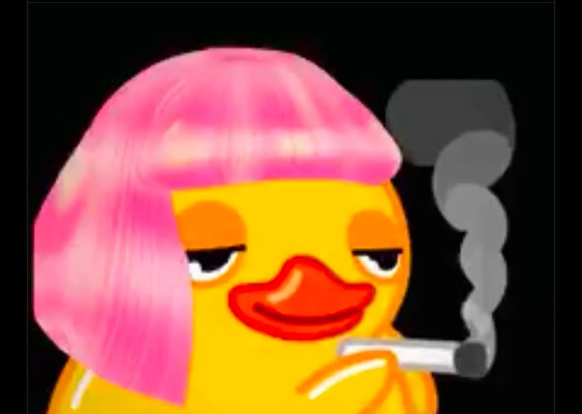 Cartoon duck with pink hair, holding a lit cigarette, with a relaxed expression.