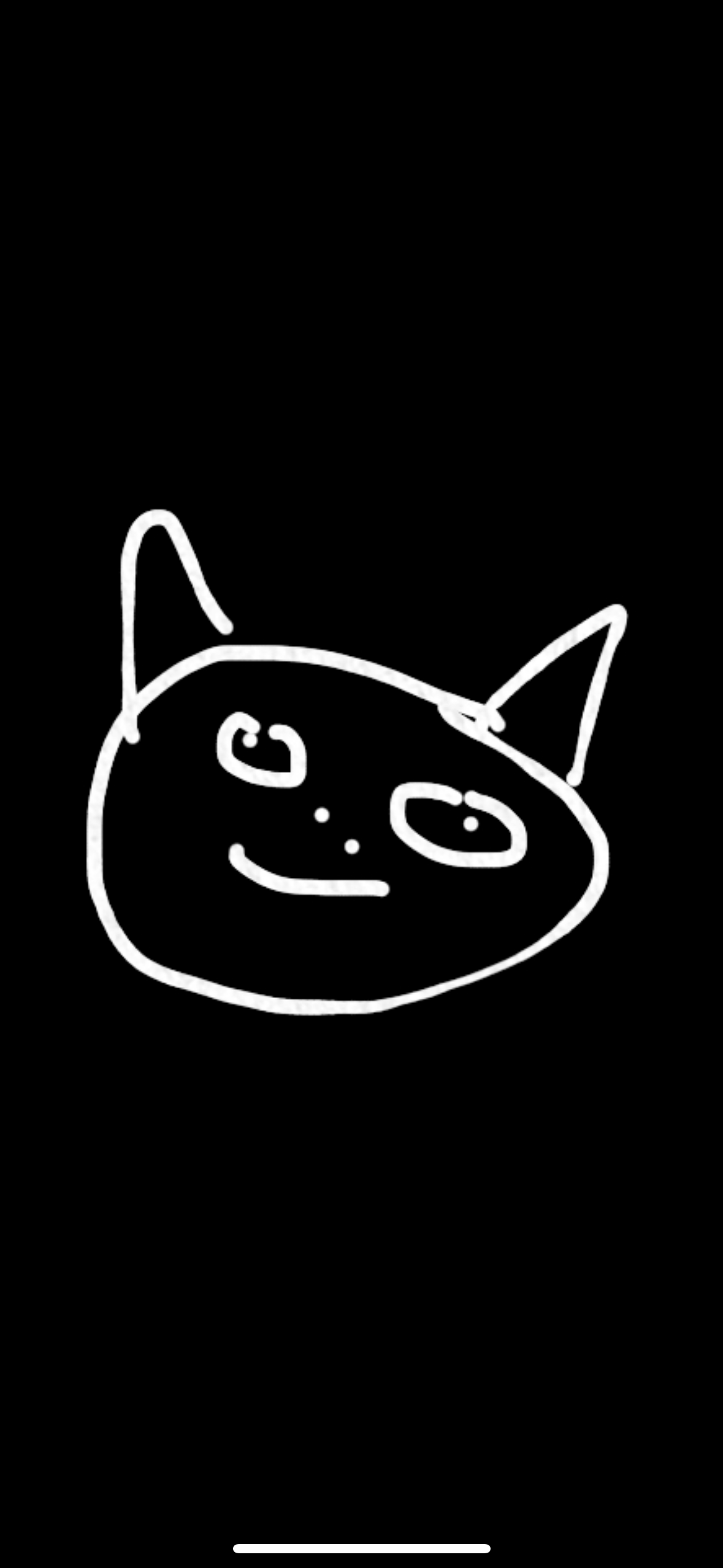 White line drawing of a smiling cat face with ears on a black background.
