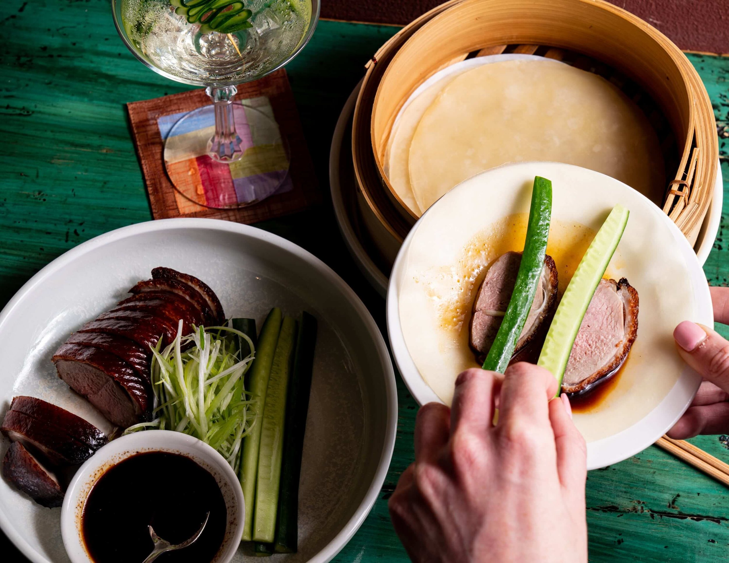 A flat lay of the ingredients in out Duck pancakes 