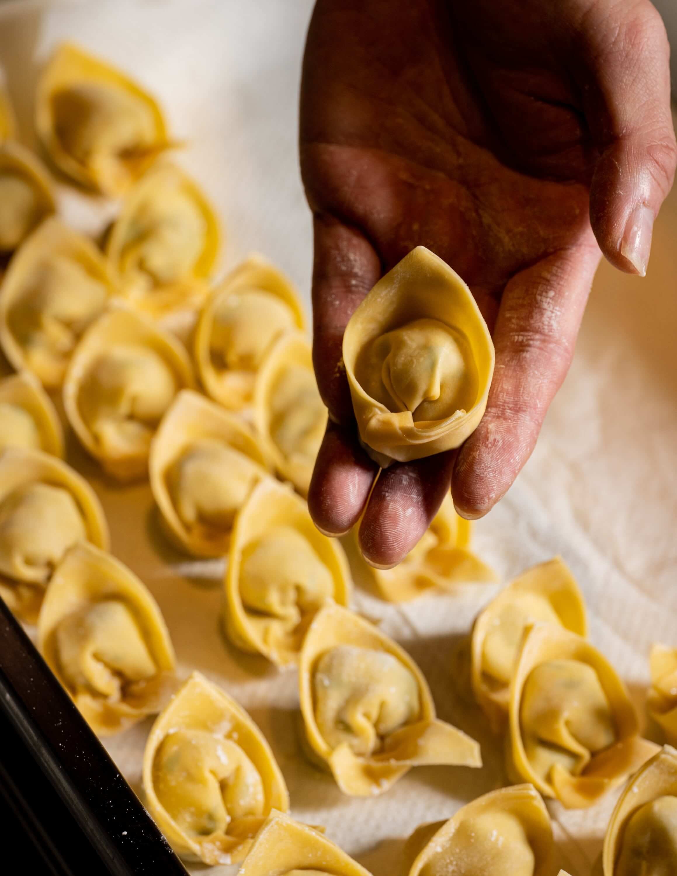 rows of fresh handmade dumplings waiting to be cooked and enjoyed