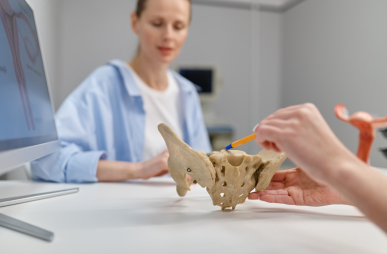 pelvic health physiotherapist showing client a model of the pelvis and pelvic organs