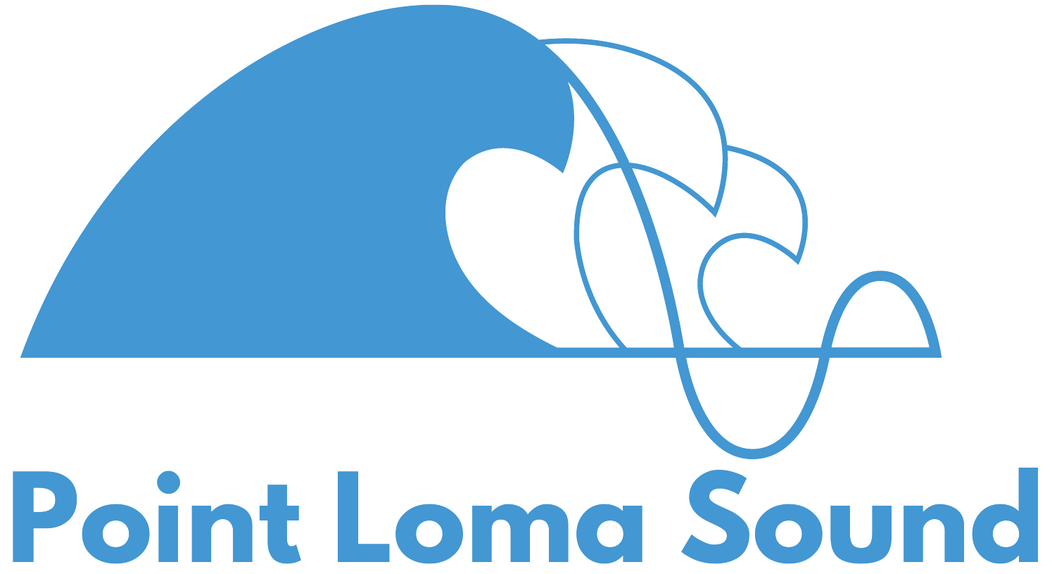 Logo for Point Loma Sound featuring a stylized blue wave with a black inner shape and sound wave lines, with the text 'Point Loma Sound' below.
