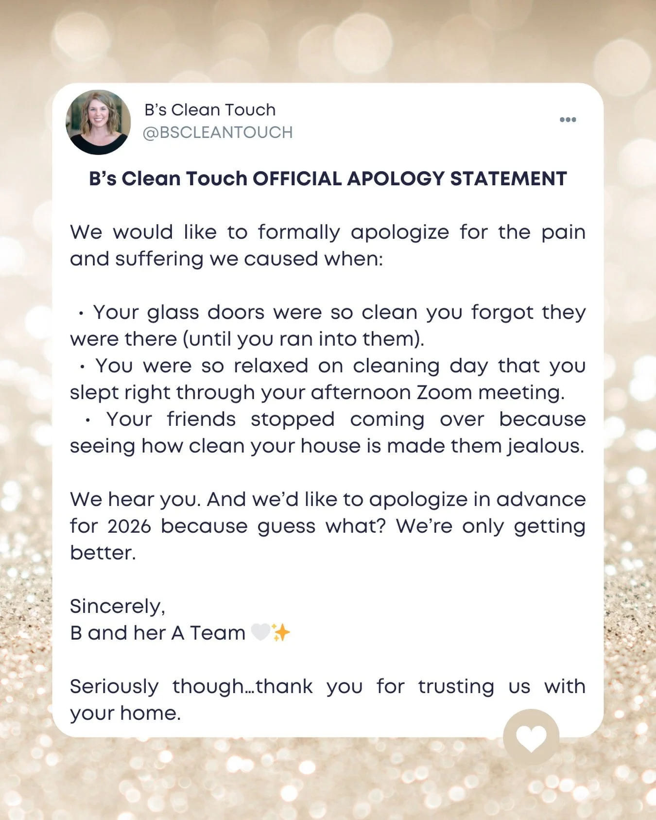 A little humor + a whole lot of gratitude. Thanks for letting us keep your homes sparkling (and occasionally causing a glass-door collision). 🤭🤍✨

#SmallBizBigHeart #CleaningButMakeItComedy