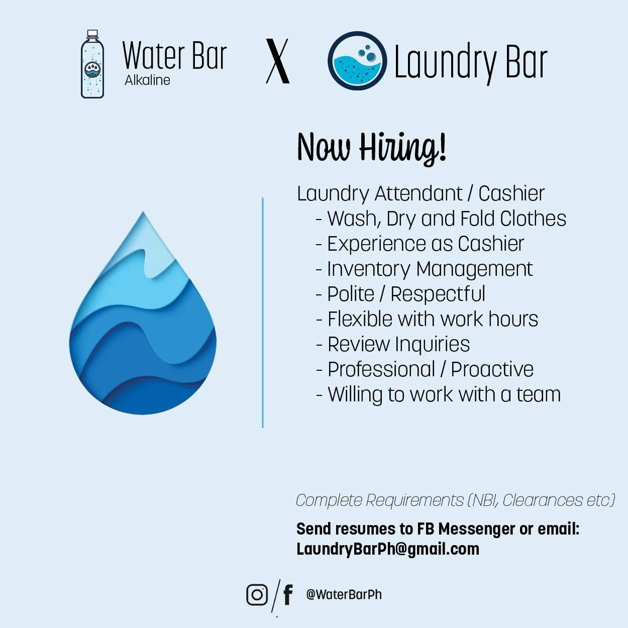 Now Hiring! Please send us your resume!  #LaundryBarPh #DirtyClothes Laundry Bar 
.
.
#laundrydelivery  #laundrypickup #laundryph #cleanclothes #laundryservice  #washclothes #laundrymanila #laundrymnl
