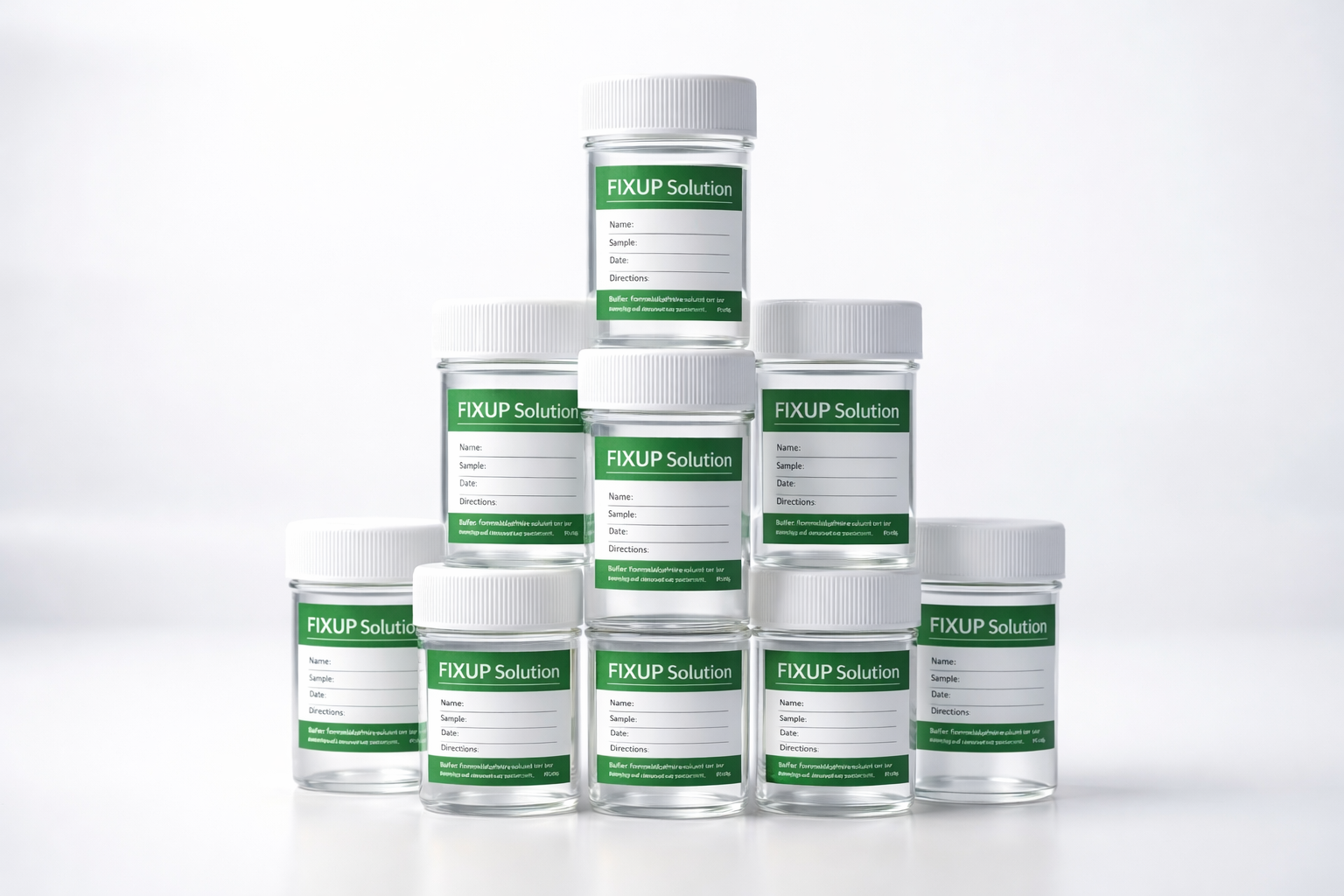 Stack of clear jars with white lids labeled 'FIXUP Solution' in green and white, arranged in a pyramid formation on a white surface with a plain white background.
