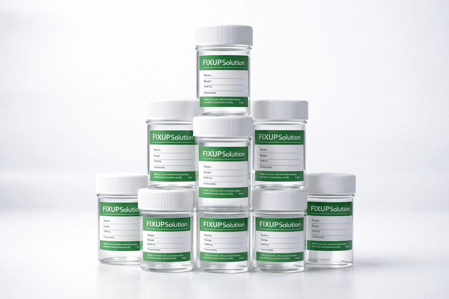 Seven small jars of FIXUP Solution stacked in a pyramid formation on a white background.