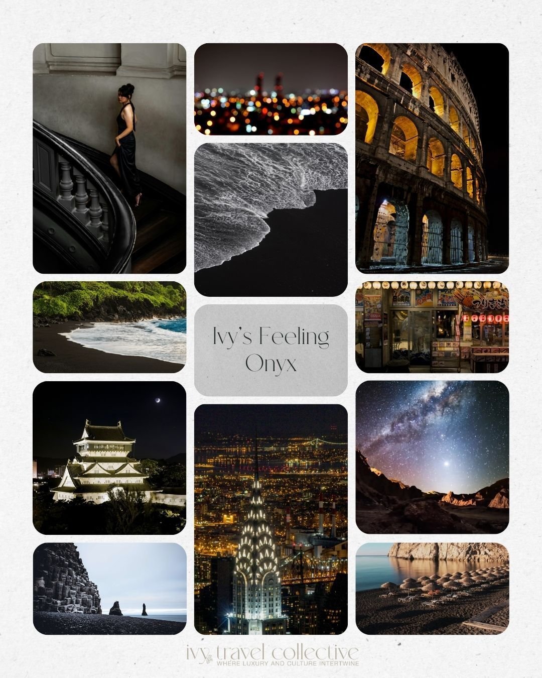 Drawn to deeper tones. Ivy is feeling onyx 🖤🌿

From black sand beaches like Reynisfjara in Iceland, Punaluʻu in Hawaii, and Perissa in Greece, to the inky cityscapes of Tokyo and NYC after dark. Stargazing beneath the ebony skies of Wadi Rum, Jorda