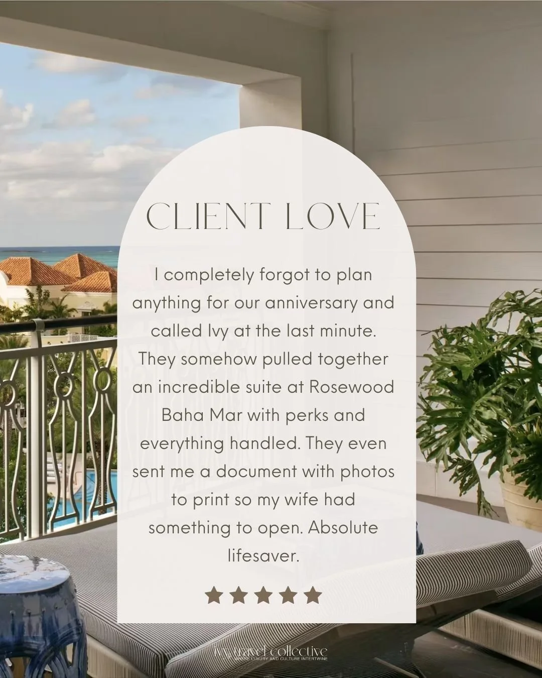 Forgot the anniversary gift? 
We&rsquo;ve got you 🌴

Suite secured. Perks included. Crisis averted. 

#ClientLove #IvyTravelCollective #ExploreWithIvy #Bahamas #RosewoodHotels