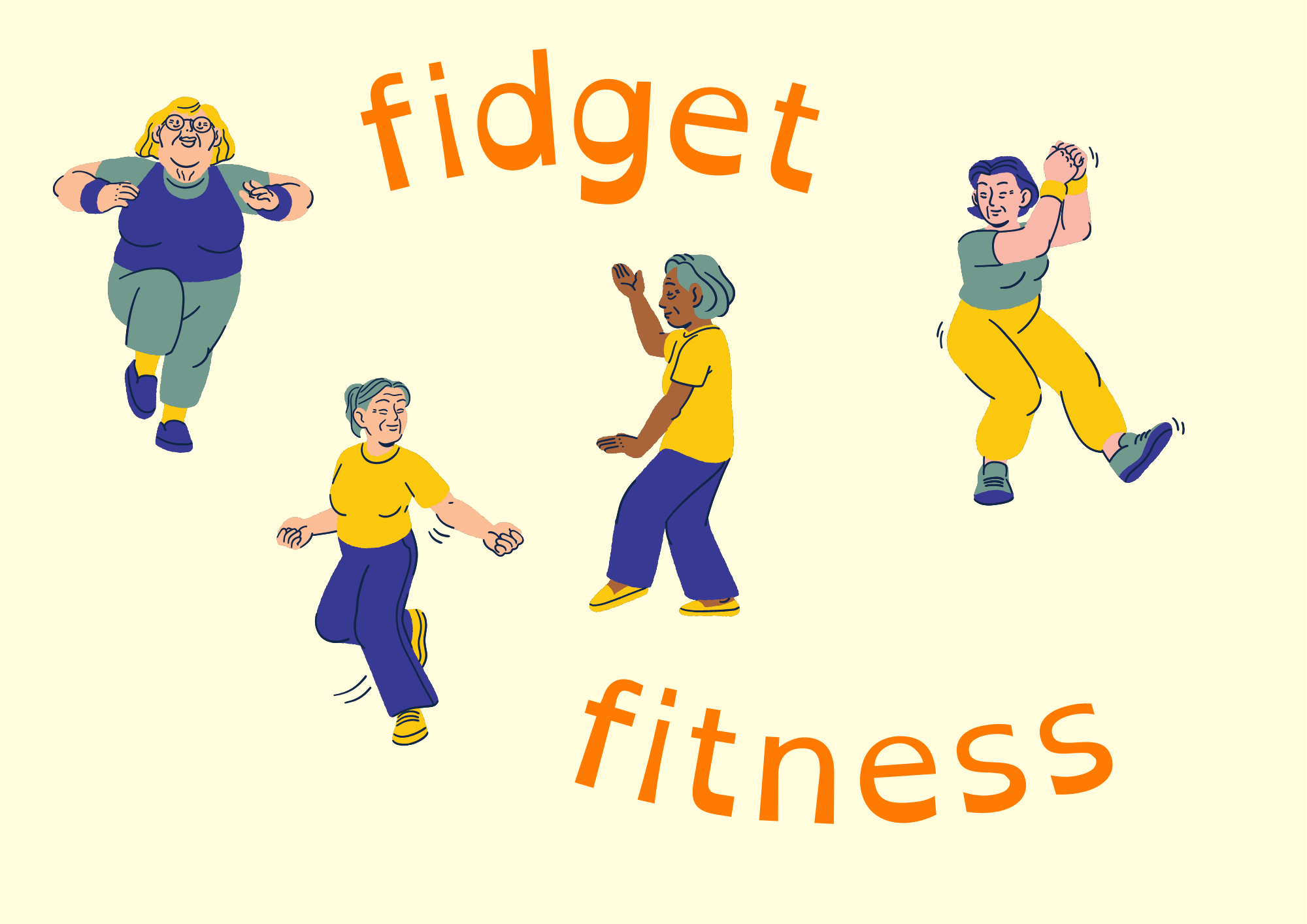 Image of cartoon figures moving about with the words Fidget Fitness - ADHD exercise strategy
