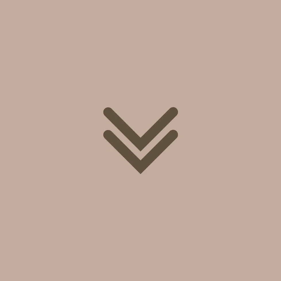 Minimalist logo with three downward-pointing chevrons in dark brown on a beige background.