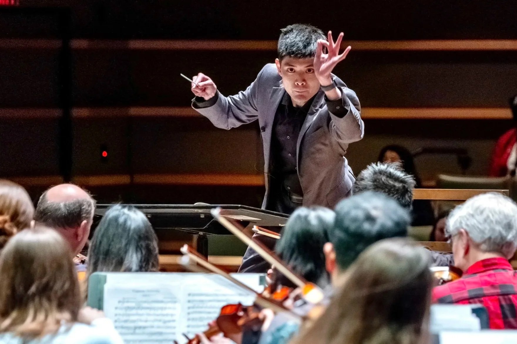 Orchestral conductor conducting an orchestra during a concert, with musicians playing string instruments in the foreground.