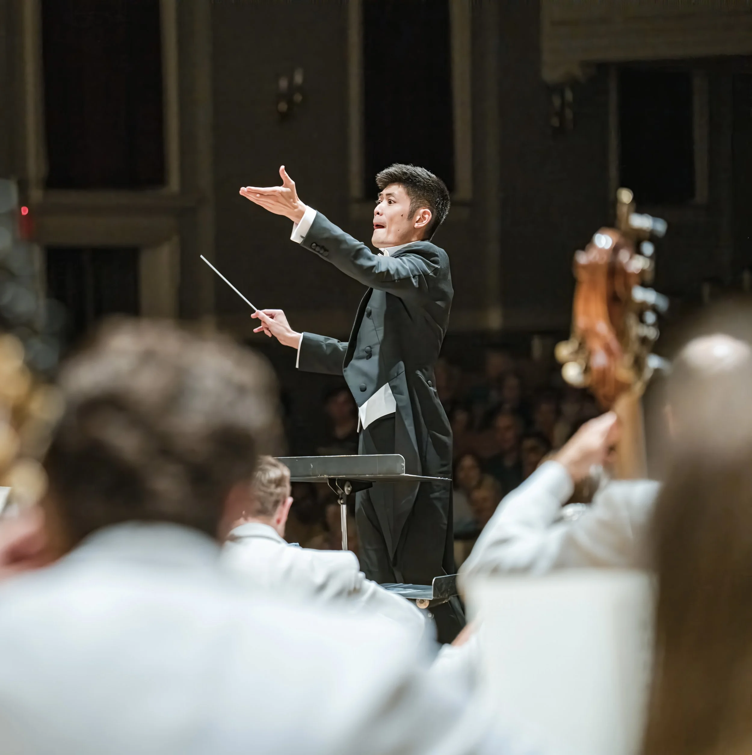 A man in a formal suit conducting an orchestra, holding a baton in his right hand, with his left hand raised, gesturing to the musicians.