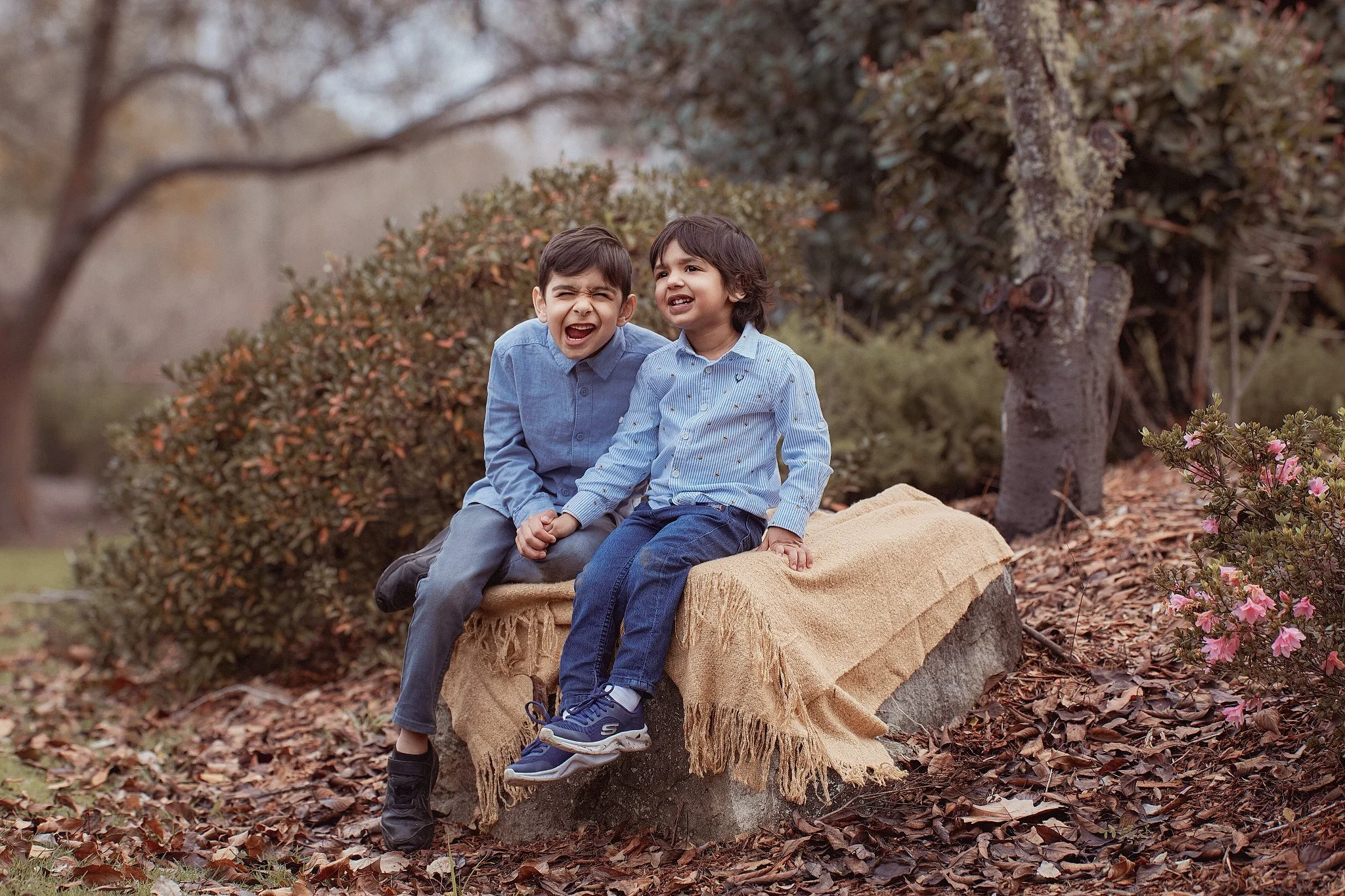 Two young boys sitting on a large rock outdoors surrounded by autumn leaves and bushes, smiling and laughing.
