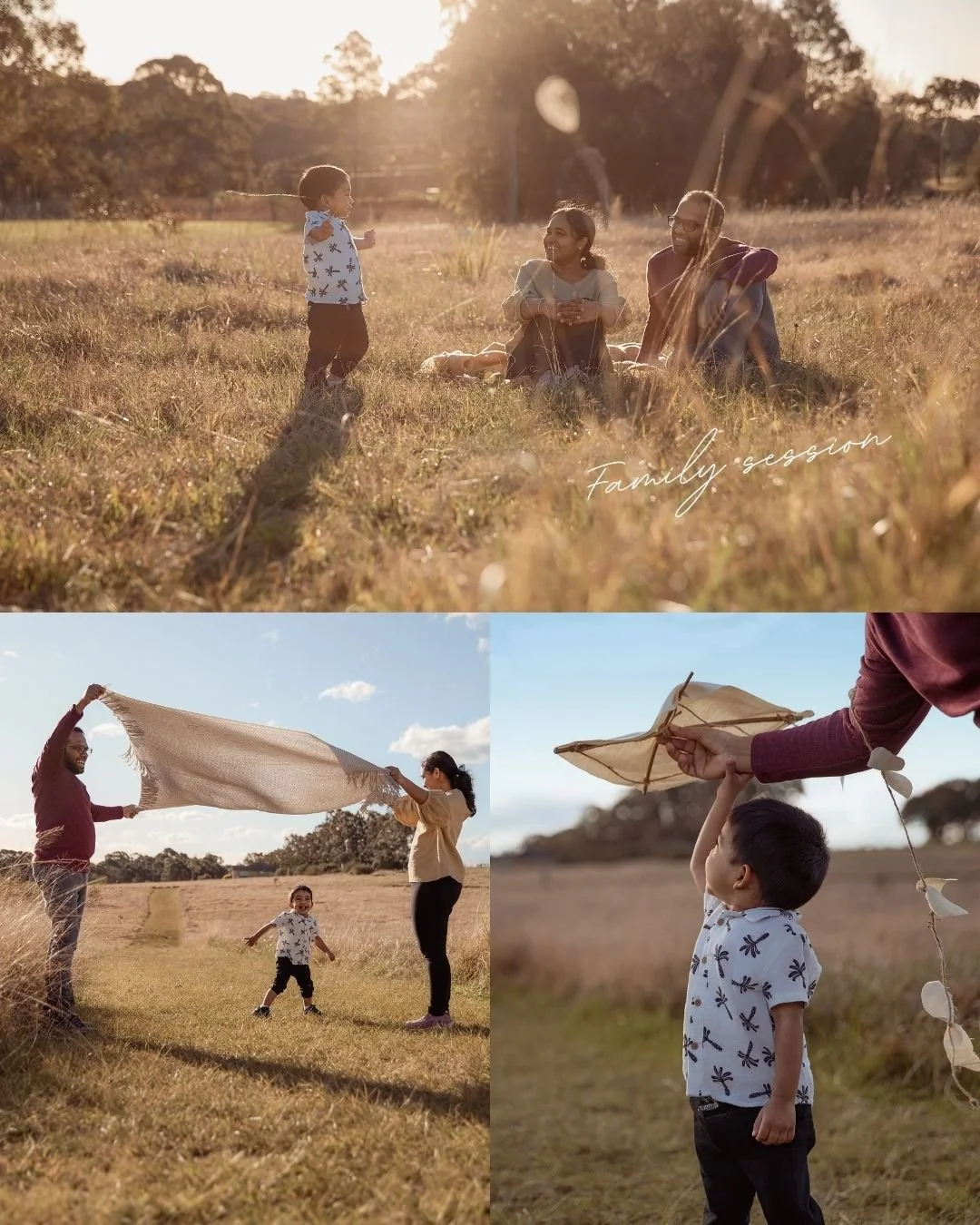 Family spending quality time outdoors in a field during sunset, flying a kite and playing together.