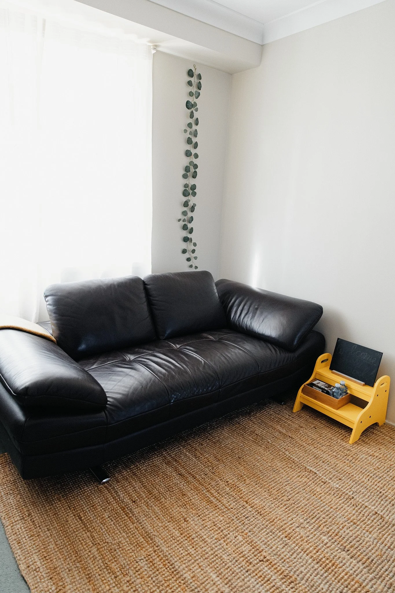 Newborn studio corner with a black leather couch, beige patterned carpet, a small yellow children's table with a tablet and water bottles on it, and a wall decorated with a hanging green leafy plant. There's a white curtain and a window nearby.