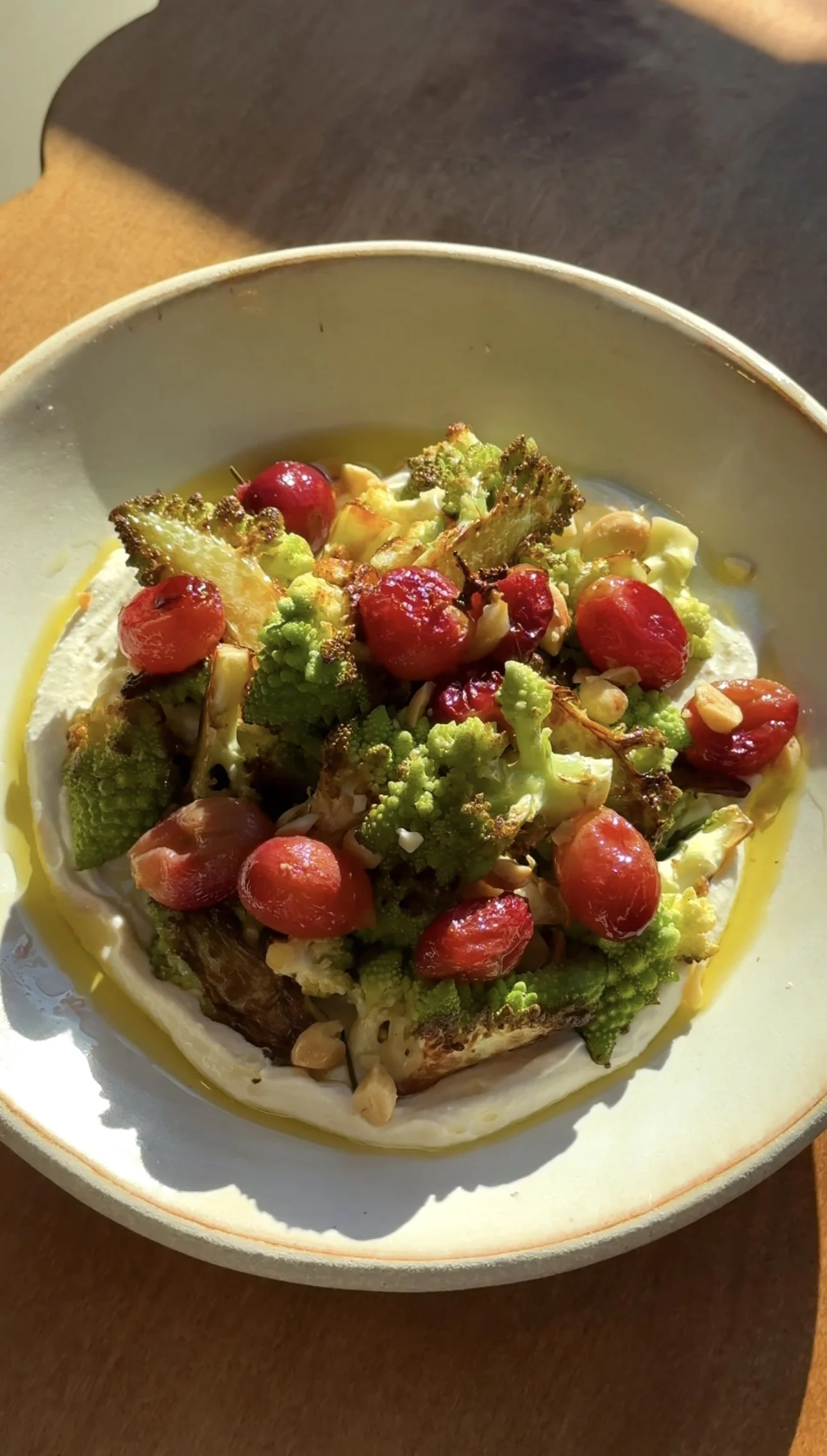 Easy Pan-Roasted Romanesco with Roasted Grapes, Marcona Almonds &amp; Tahini Yogurt