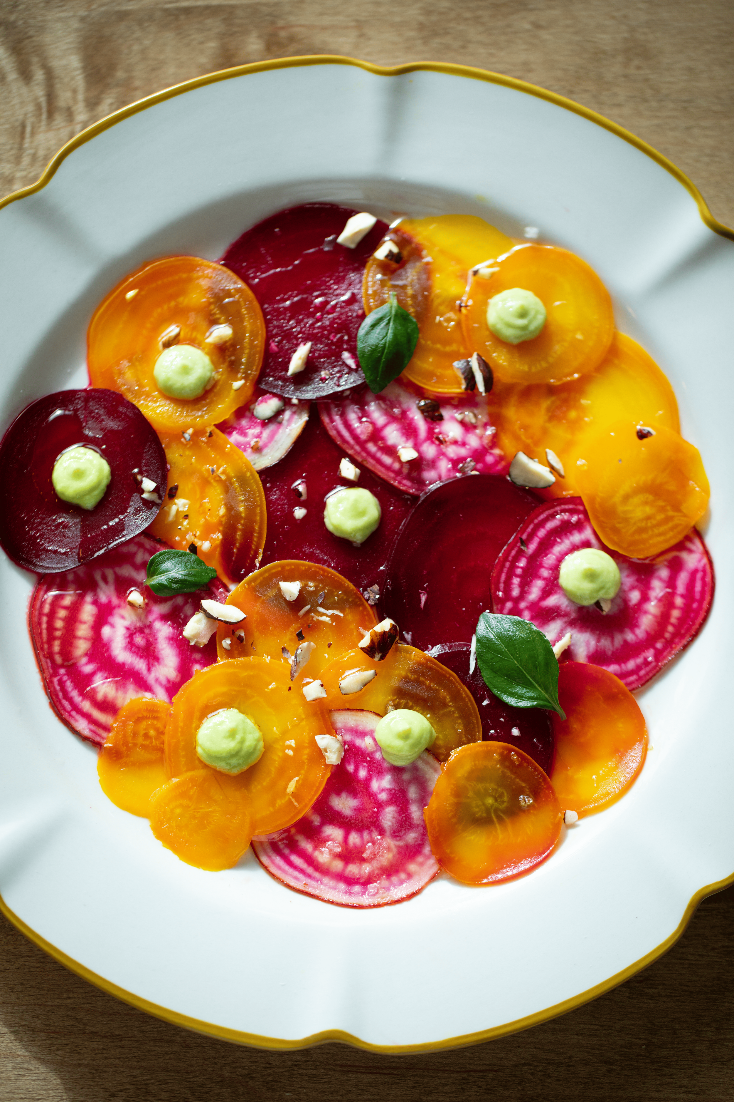 Beet Carpaccio with Avocado Purée &amp; Roasted Hazelnuts (Easy &amp; Elegant Appetizer)