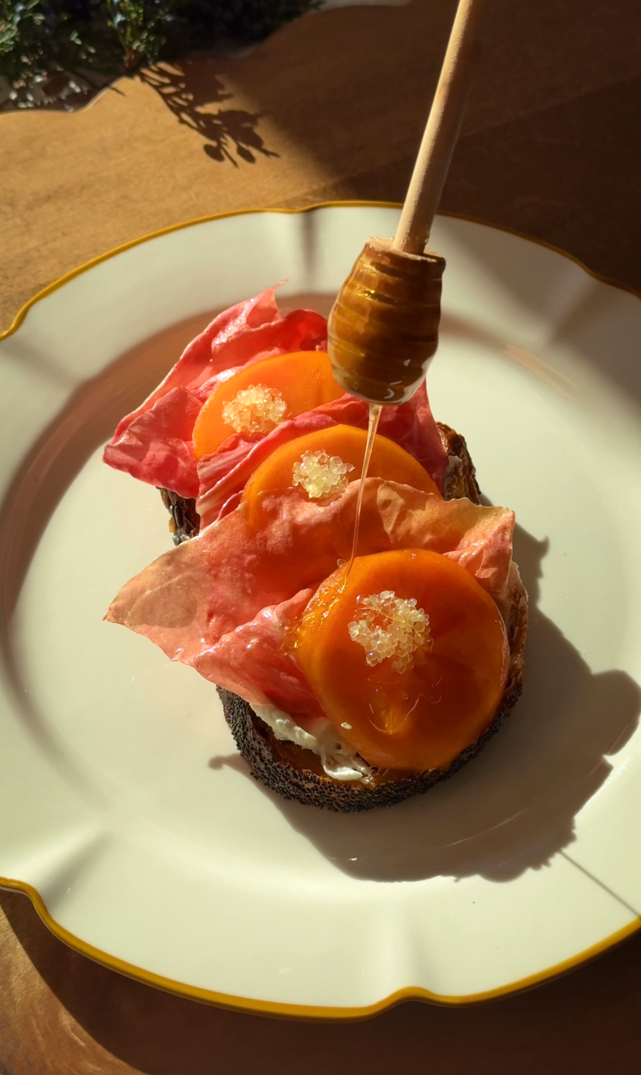 Warm Sourdough Toast with Honey-Whipped Goat Cheese, Persimmon &amp; Radicchio